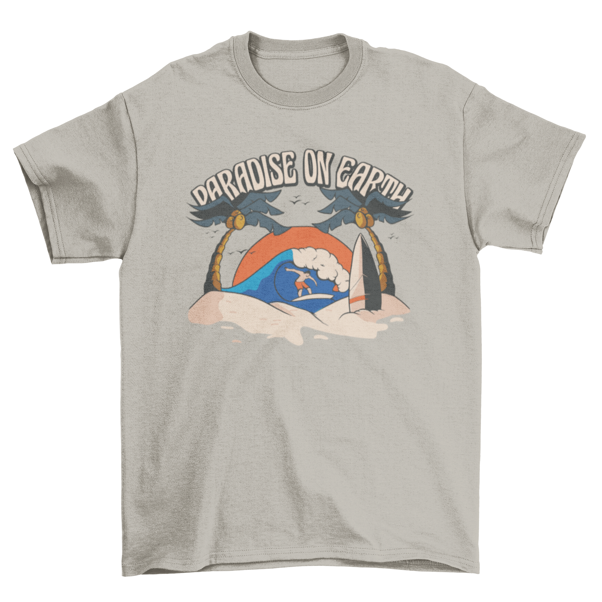 Paradise surf beach t-shirt featuring a surfer and the quote 'Paradiso on earth' in vibrant illustration style.