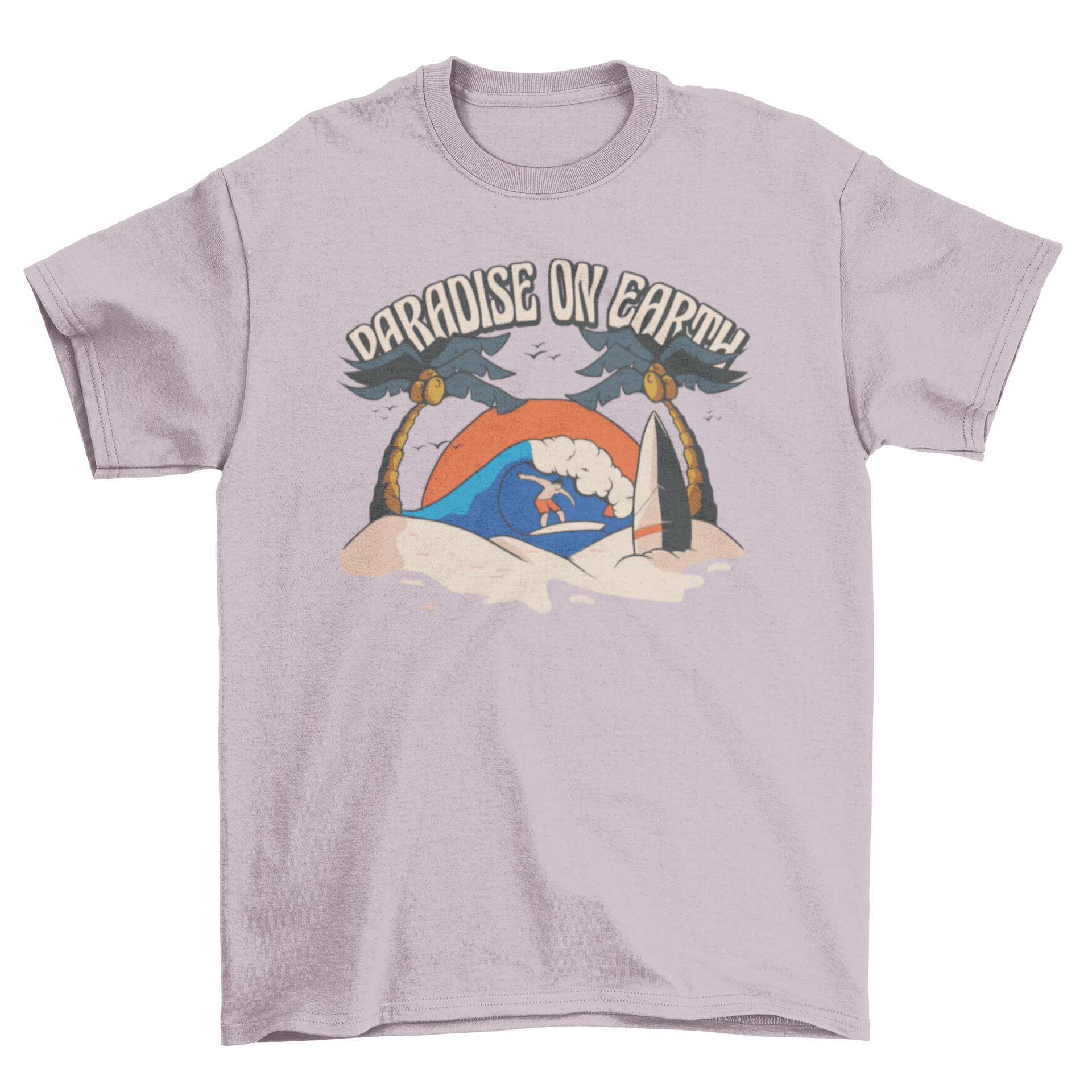 Paradise surf beach t-shirt featuring a surfer and the quote 'Paradiso on earth' in vibrant illustration style.