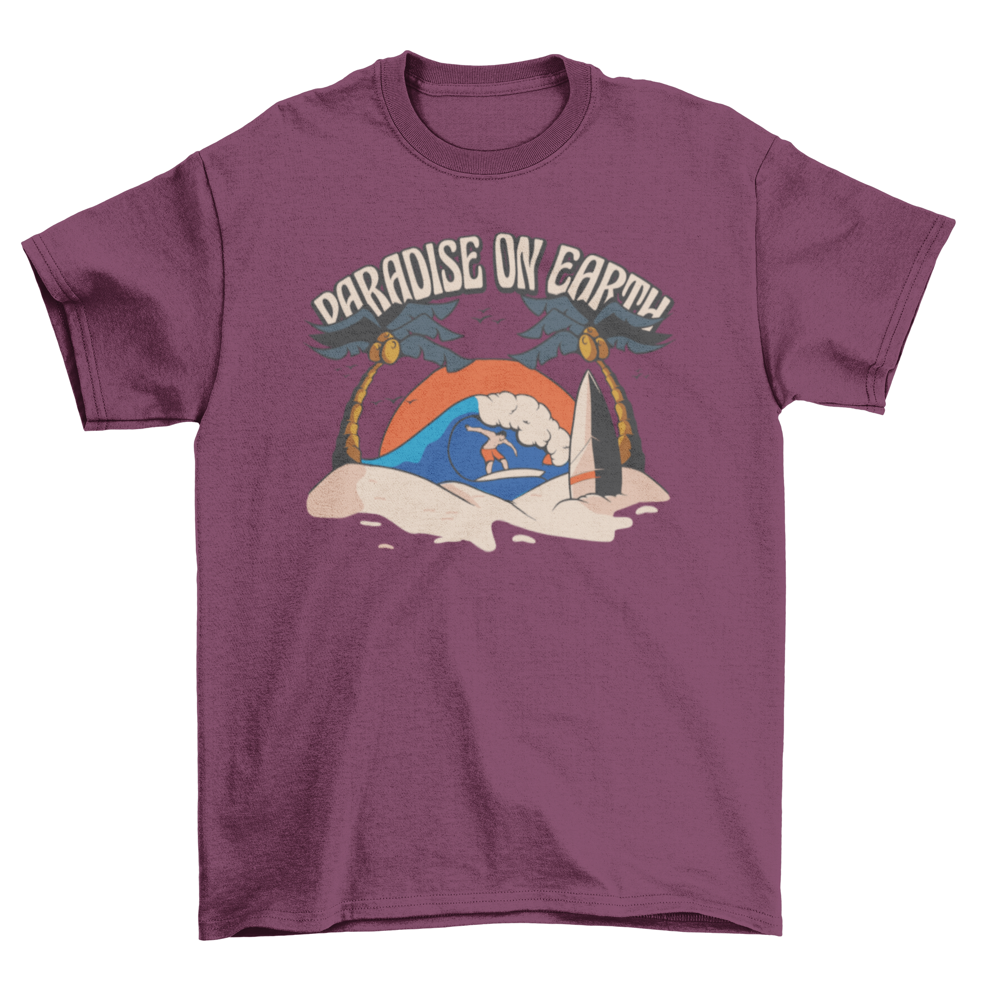 Paradise surf beach t-shirt featuring a surfer and the quote 'Paradiso on earth' in vibrant illustration style.