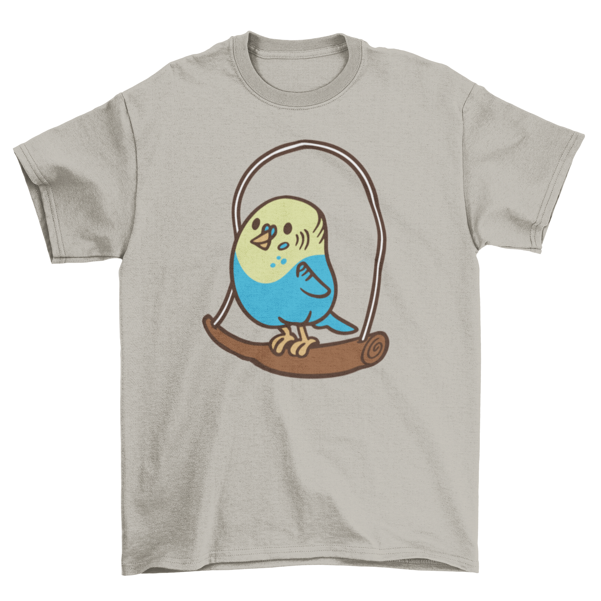 A cute t-shirt featuring a colorful parakeet design, perfect for bird lovers.