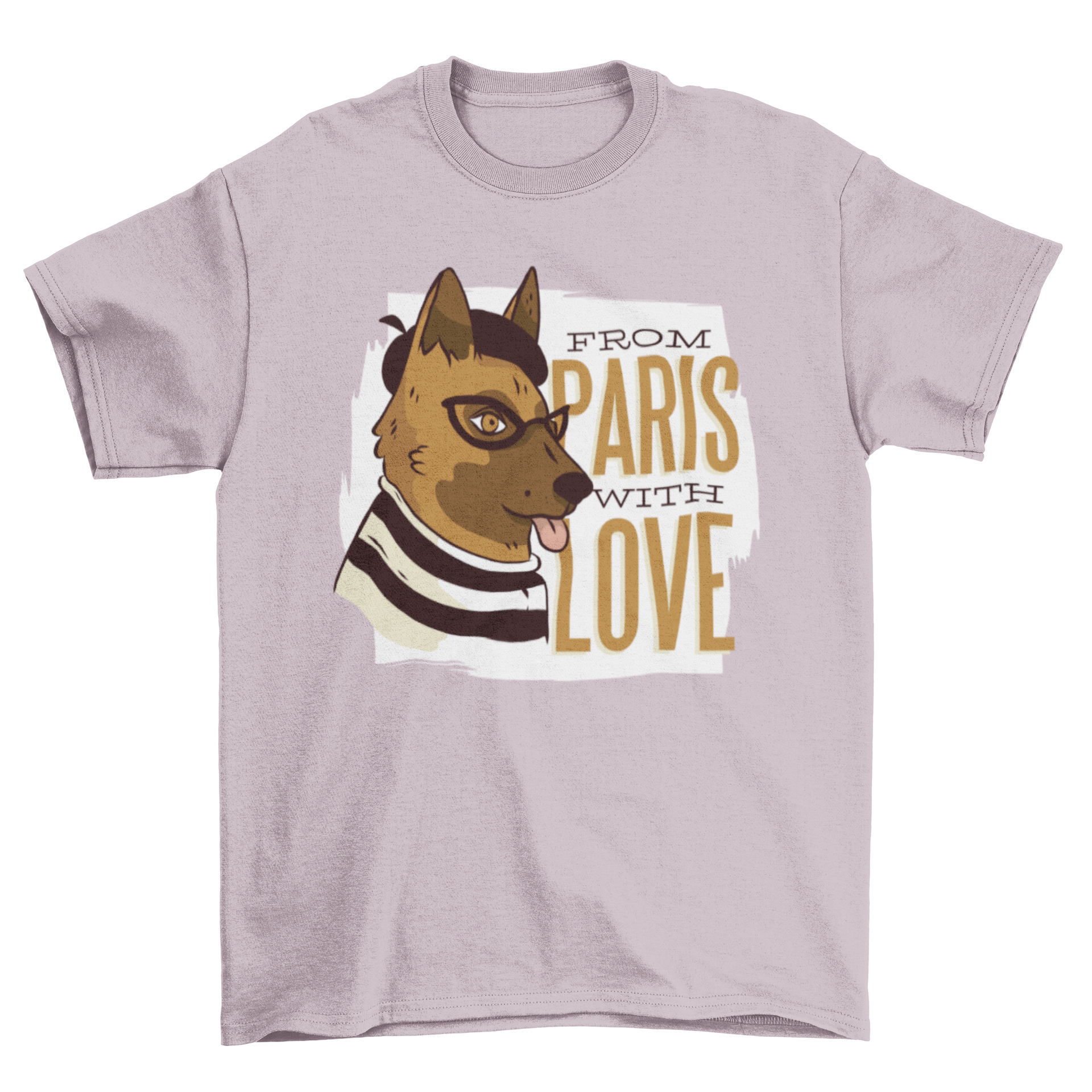 A stylish dog wearing a beret, glasses, and a striped shirt on a t-shirt with the caption 'From Paris with love'.