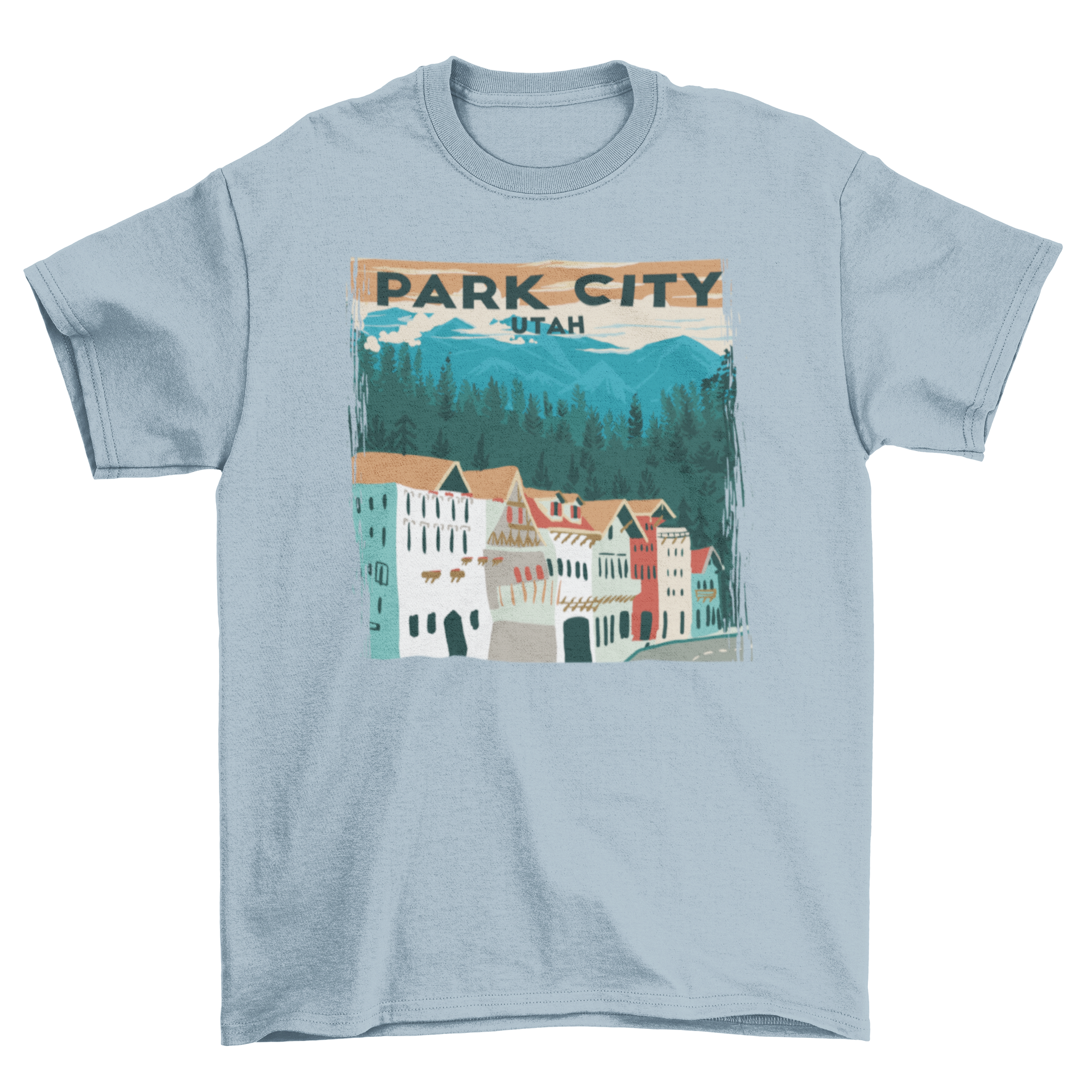 A stylish t-shirt featuring a landscape design of Park City, Utah with buildings and trees.