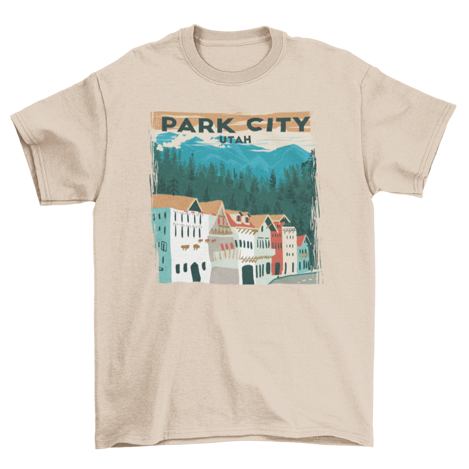 A stylish t-shirt featuring a landscape design of Park City, Utah with buildings and trees.