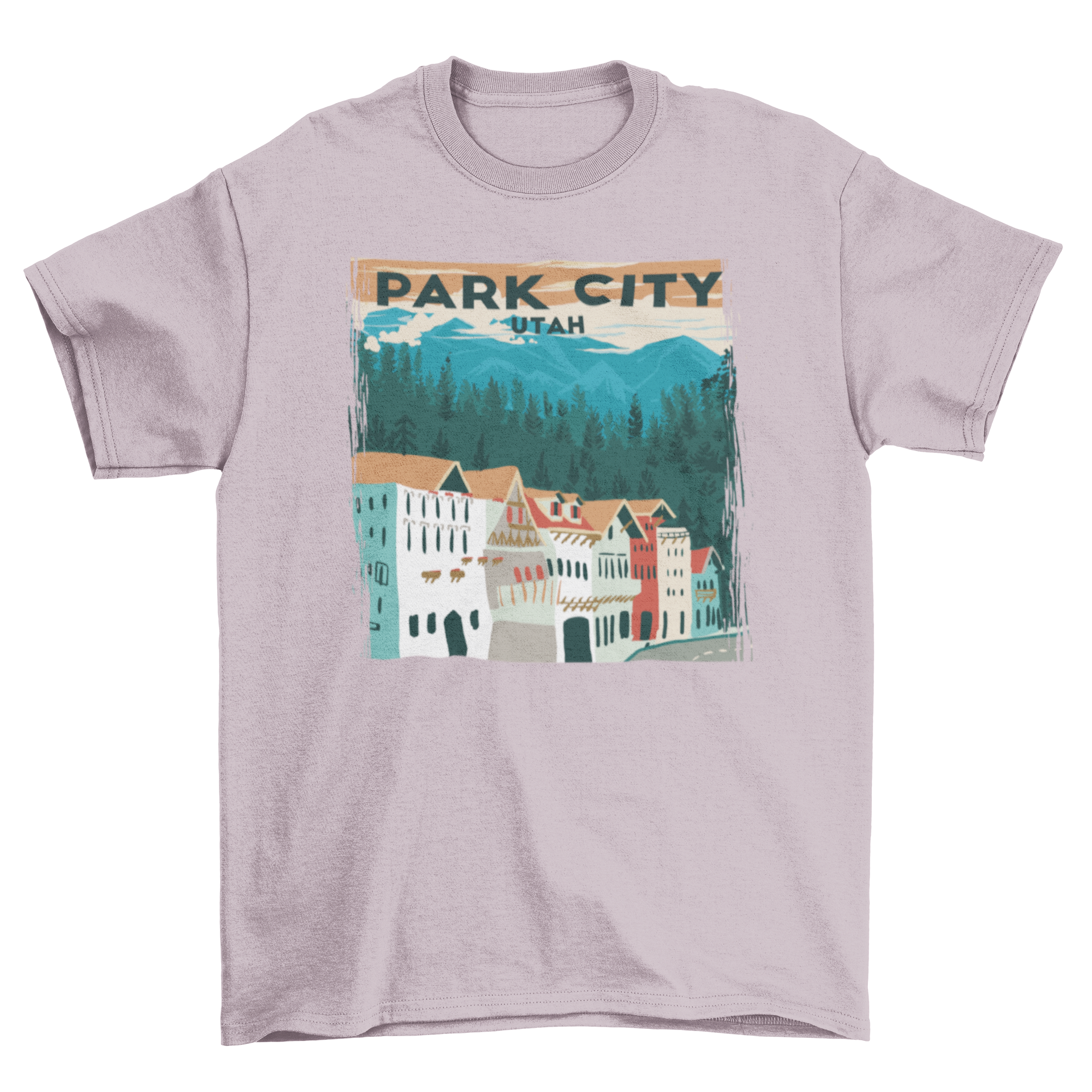 A stylish t-shirt featuring a landscape design of Park City, Utah with buildings and trees.