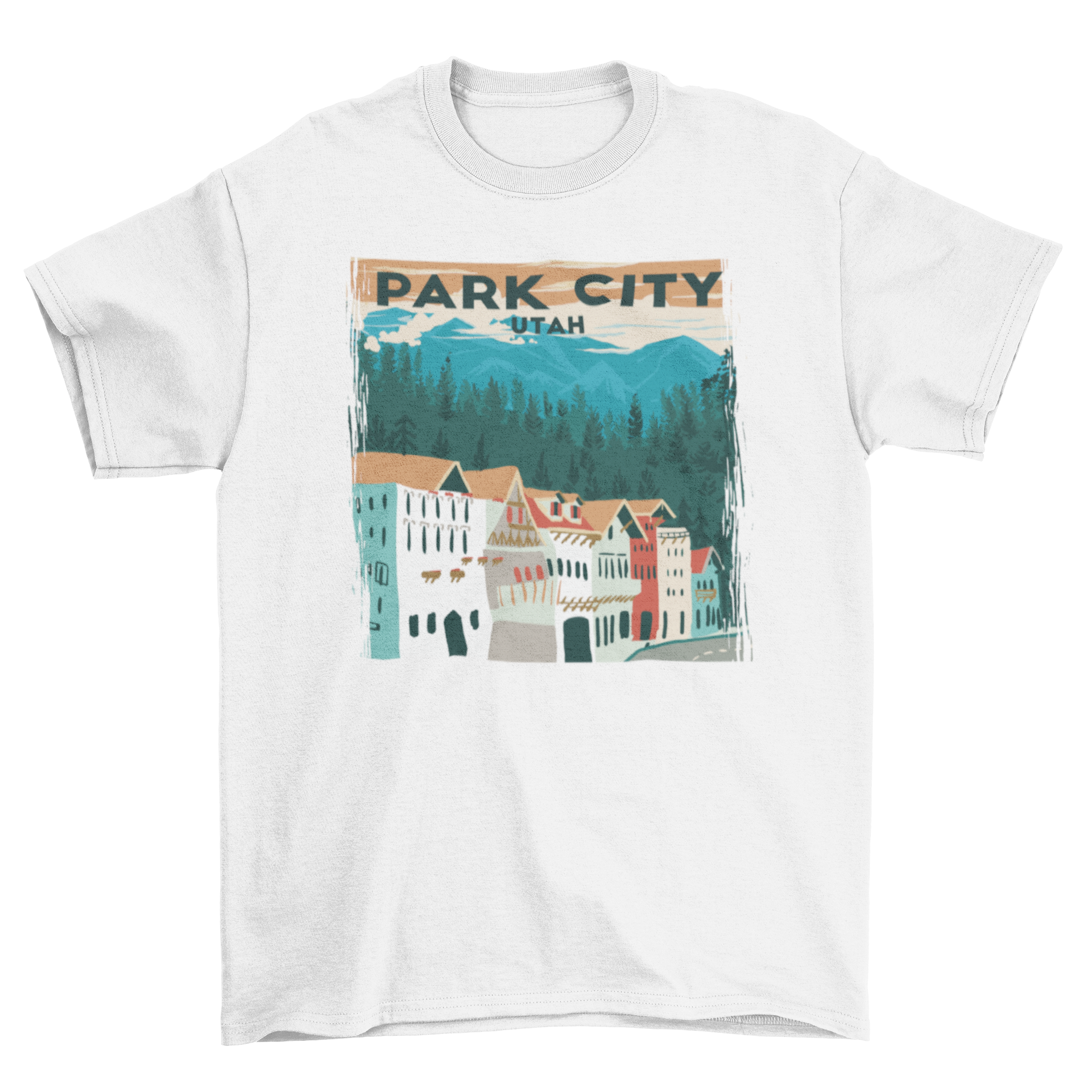 A stylish t-shirt featuring a landscape design of Park City, Utah with buildings and trees.