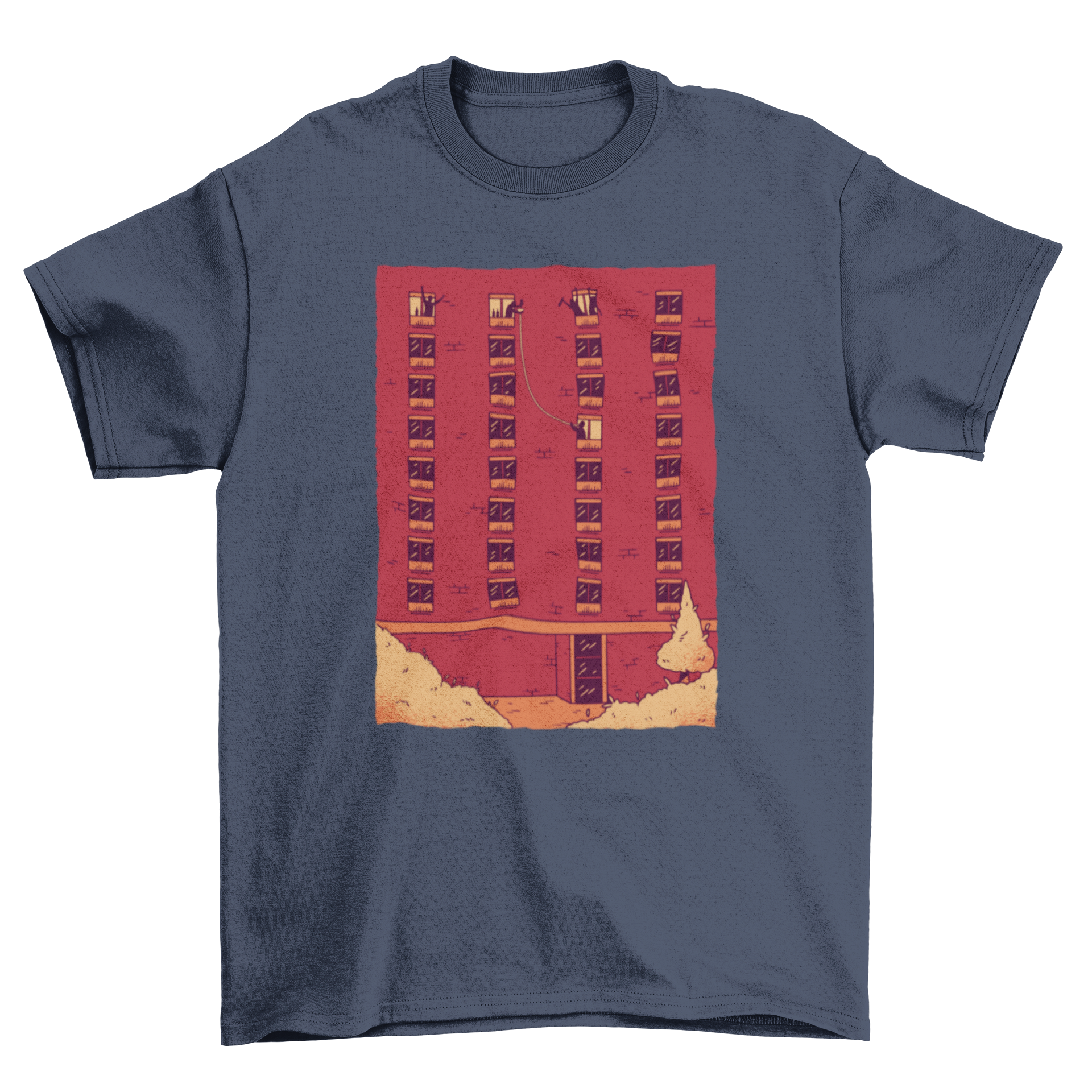 Party Building T-shirt featuring a colorful design of people passing drinks from windows.