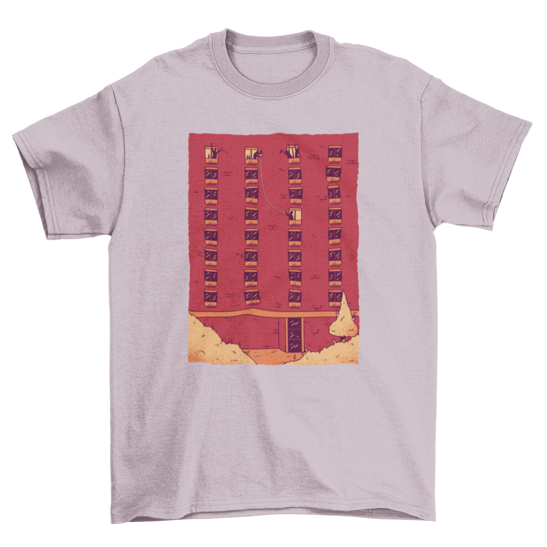 Party Building T-shirt featuring a colorful design of people passing drinks from windows.