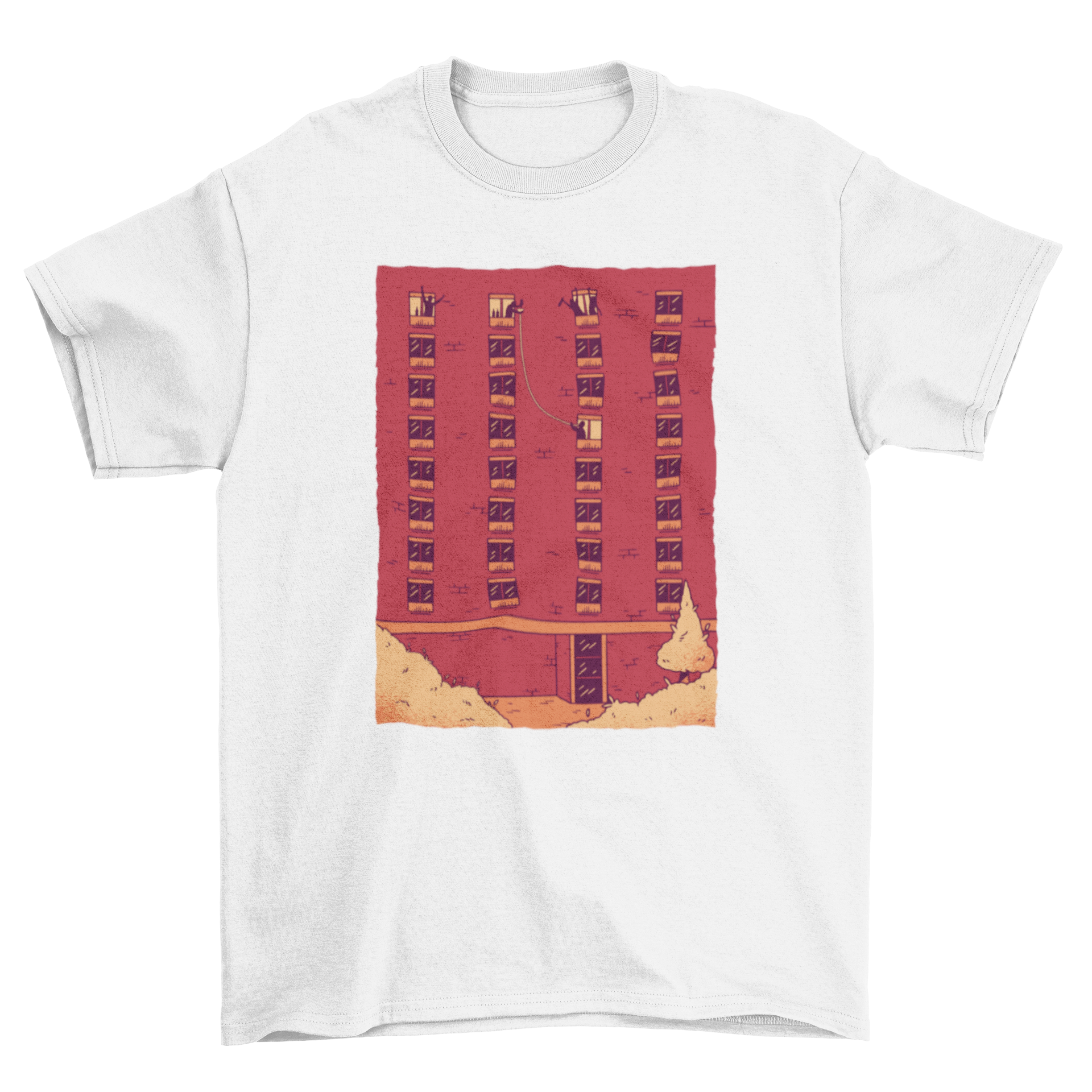 Party Building T-shirt featuring a colorful design of people passing drinks from windows.