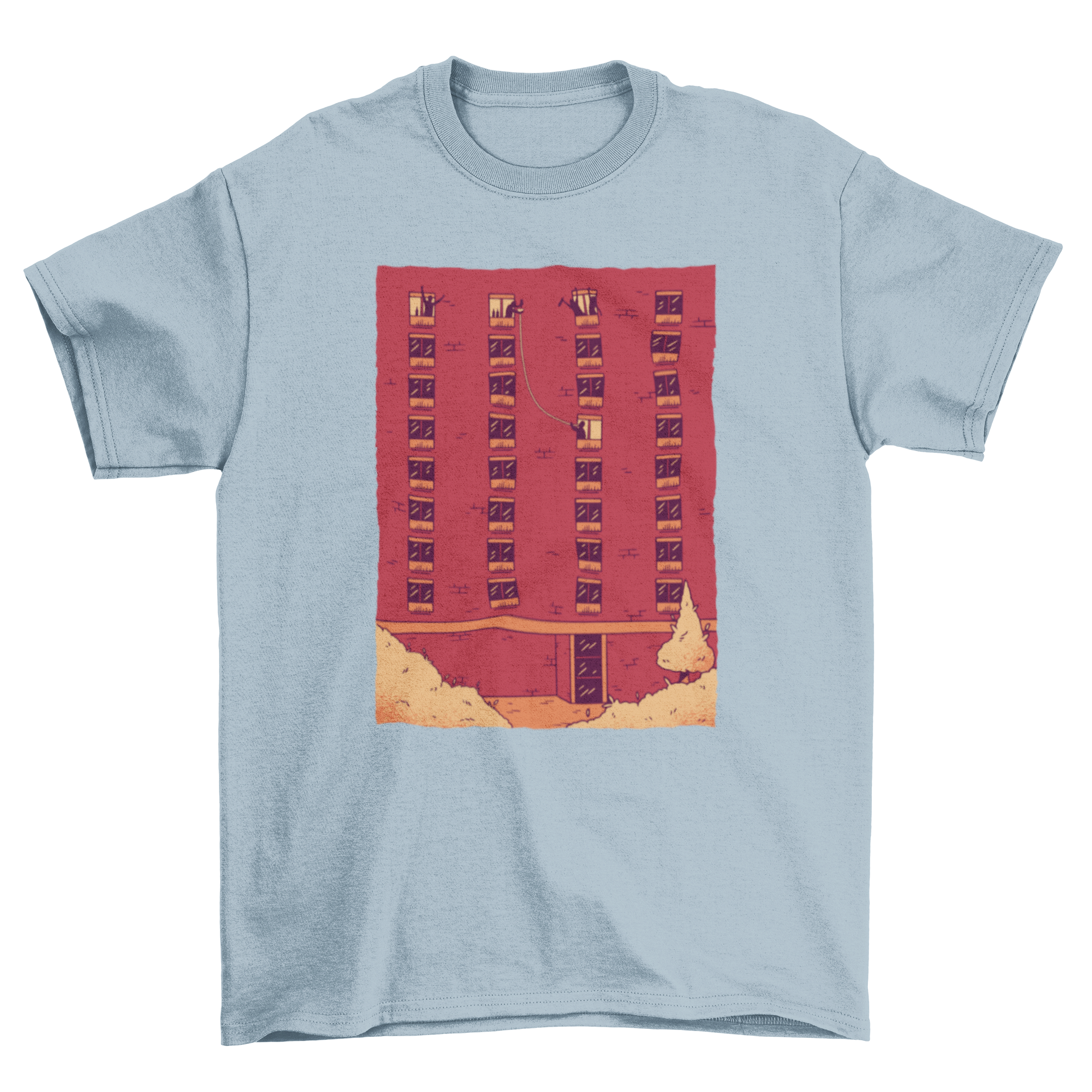 Party Building T-shirt featuring a colorful design of people passing drinks from windows.