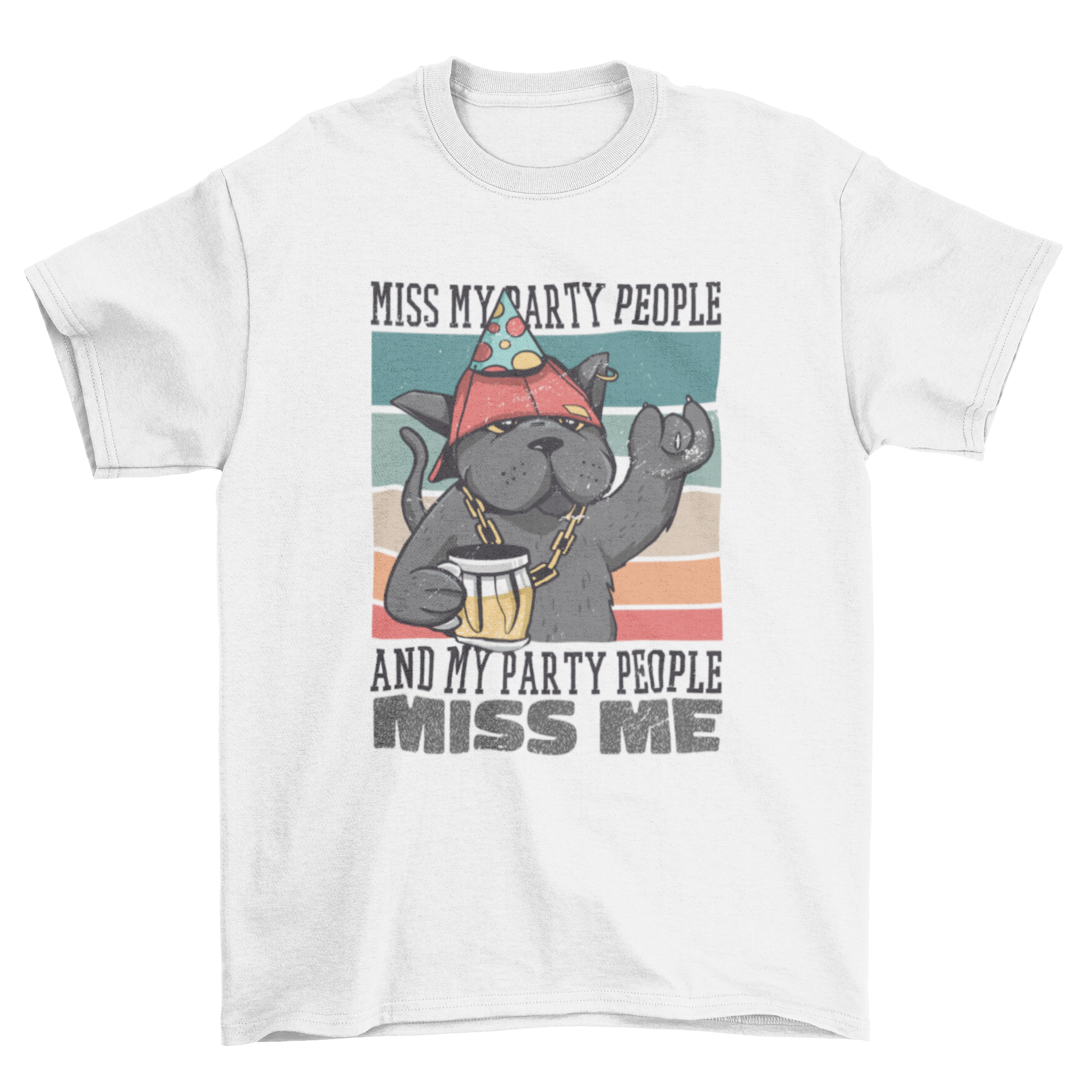 A playful t-shirt design featuring a cat in party attire holding a beer, with a retro quote about missing party friends.