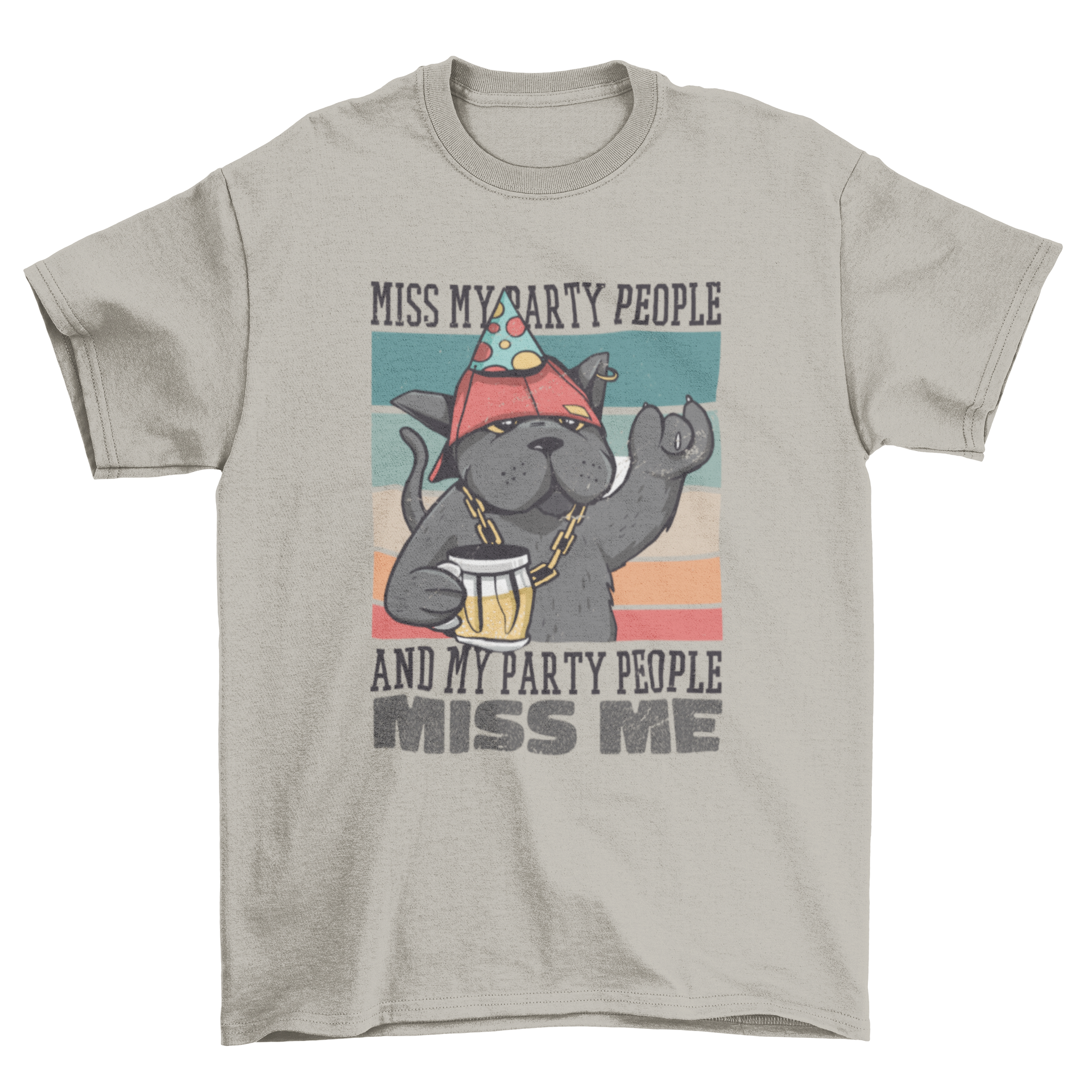 A playful t-shirt design featuring a cat in party attire holding a beer, with a retro quote about missing party friends.