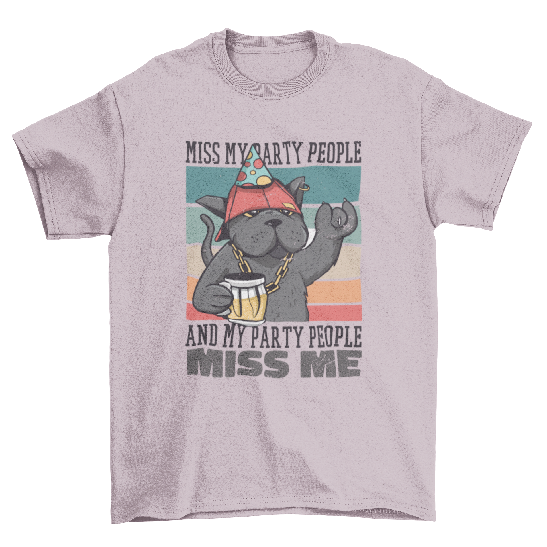 A playful t-shirt design featuring a cat in party attire holding a beer, with a retro quote about missing party friends.