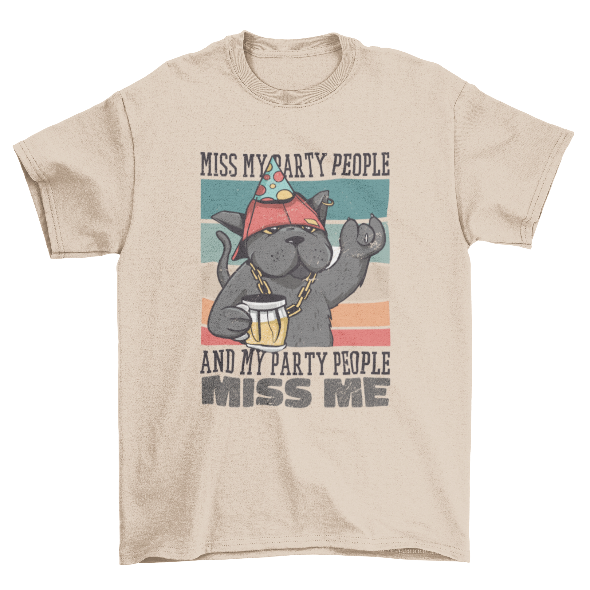 A playful t-shirt design featuring a cat in party attire holding a beer, with a retro quote about missing party friends.