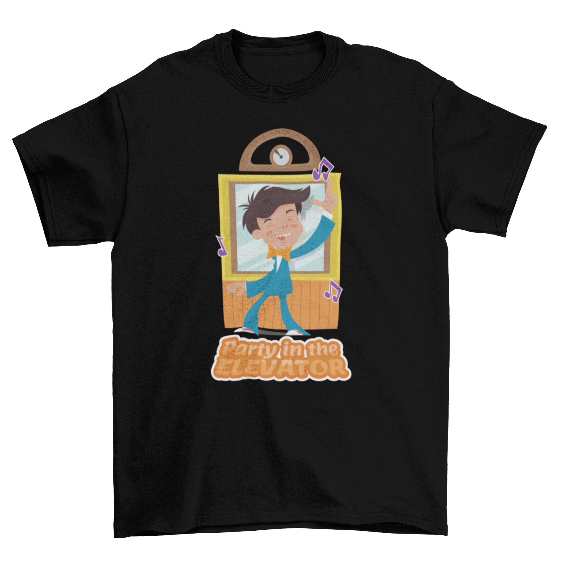 Party Elevator T-Shirt featuring a dancing figure in a vibrant elevator setting, perfect for music lovers.