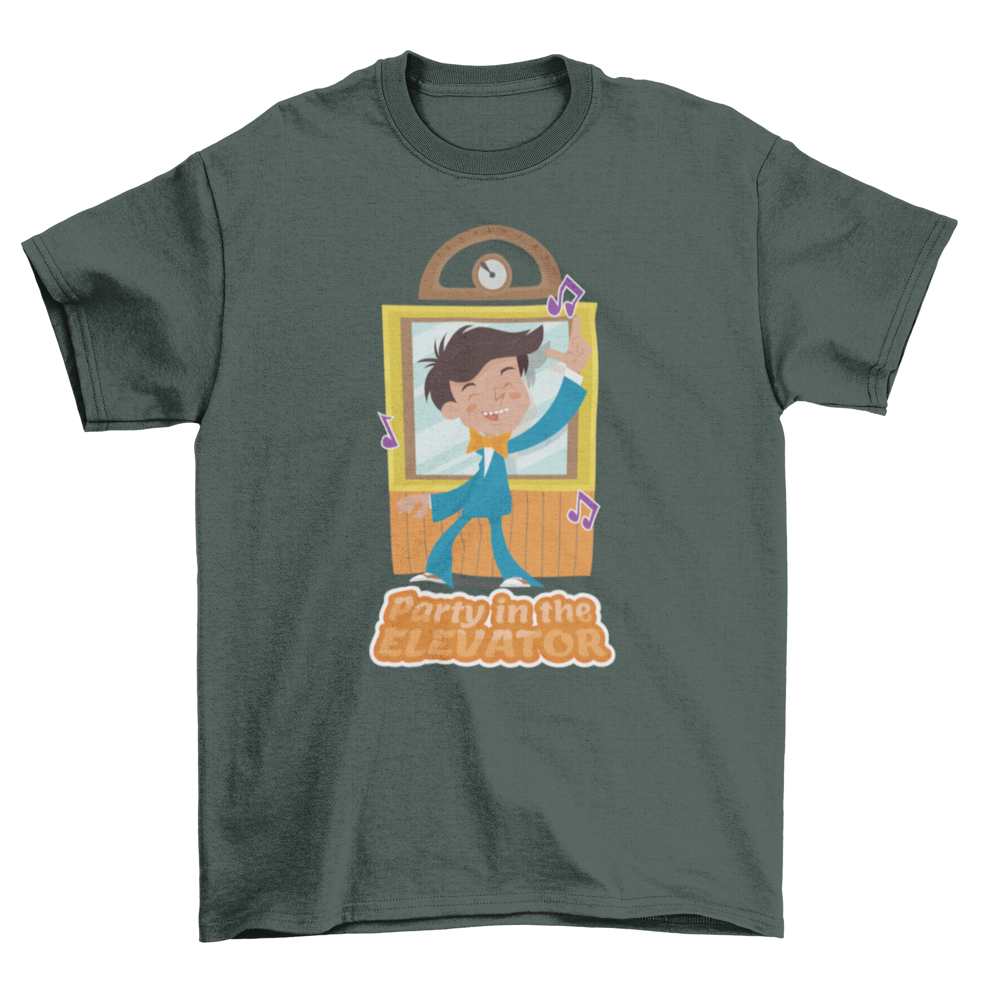 Party Elevator T-Shirt featuring a dancing figure in a vibrant elevator setting, perfect for music lovers.