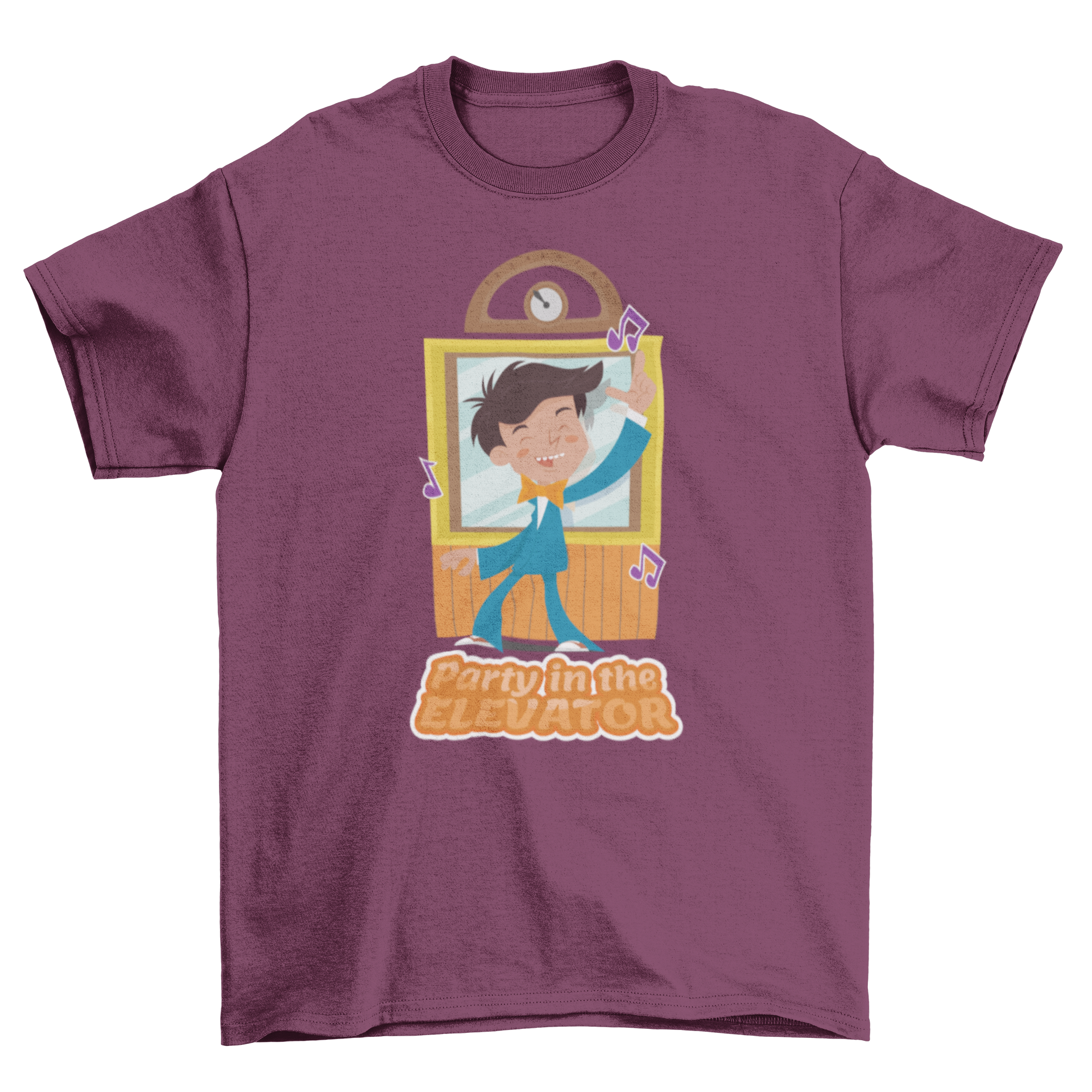 Party Elevator T-Shirt featuring a dancing figure in a vibrant elevator setting, perfect for music lovers.