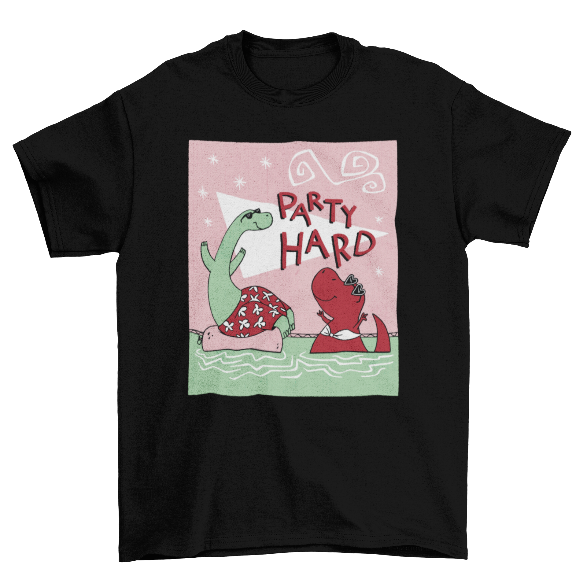 Colorful t-shirt featuring cartoon dinosaurs at a pool party with the quote 'Party Hard'.