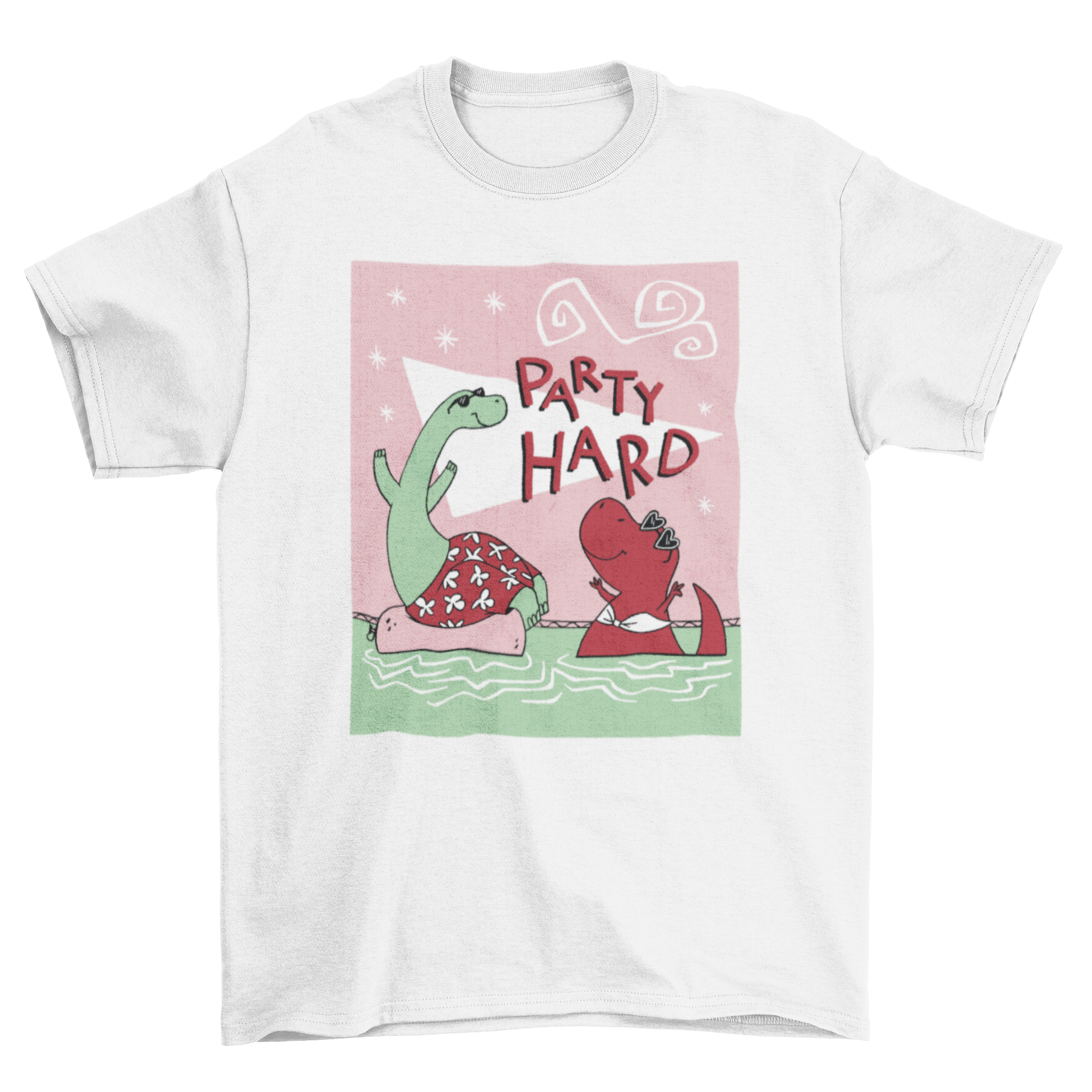 Colorful t-shirt featuring cartoon dinosaurs at a pool party with the quote 'Party Hard'.