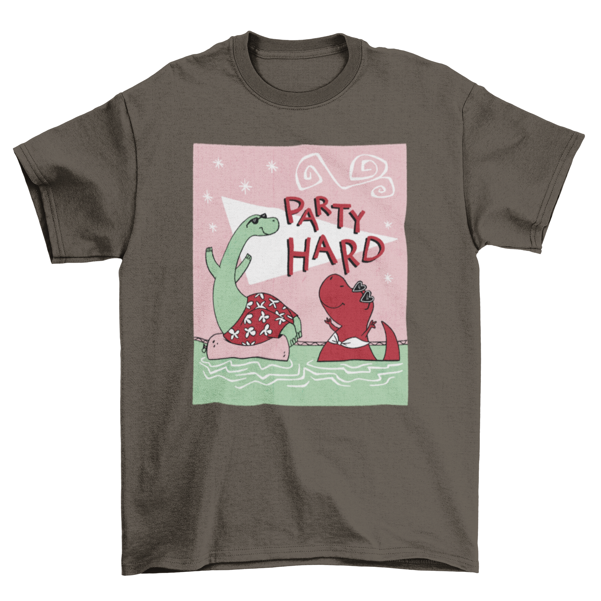 Colorful t-shirt featuring cartoon dinosaurs at a pool party with the quote 'Party Hard'.