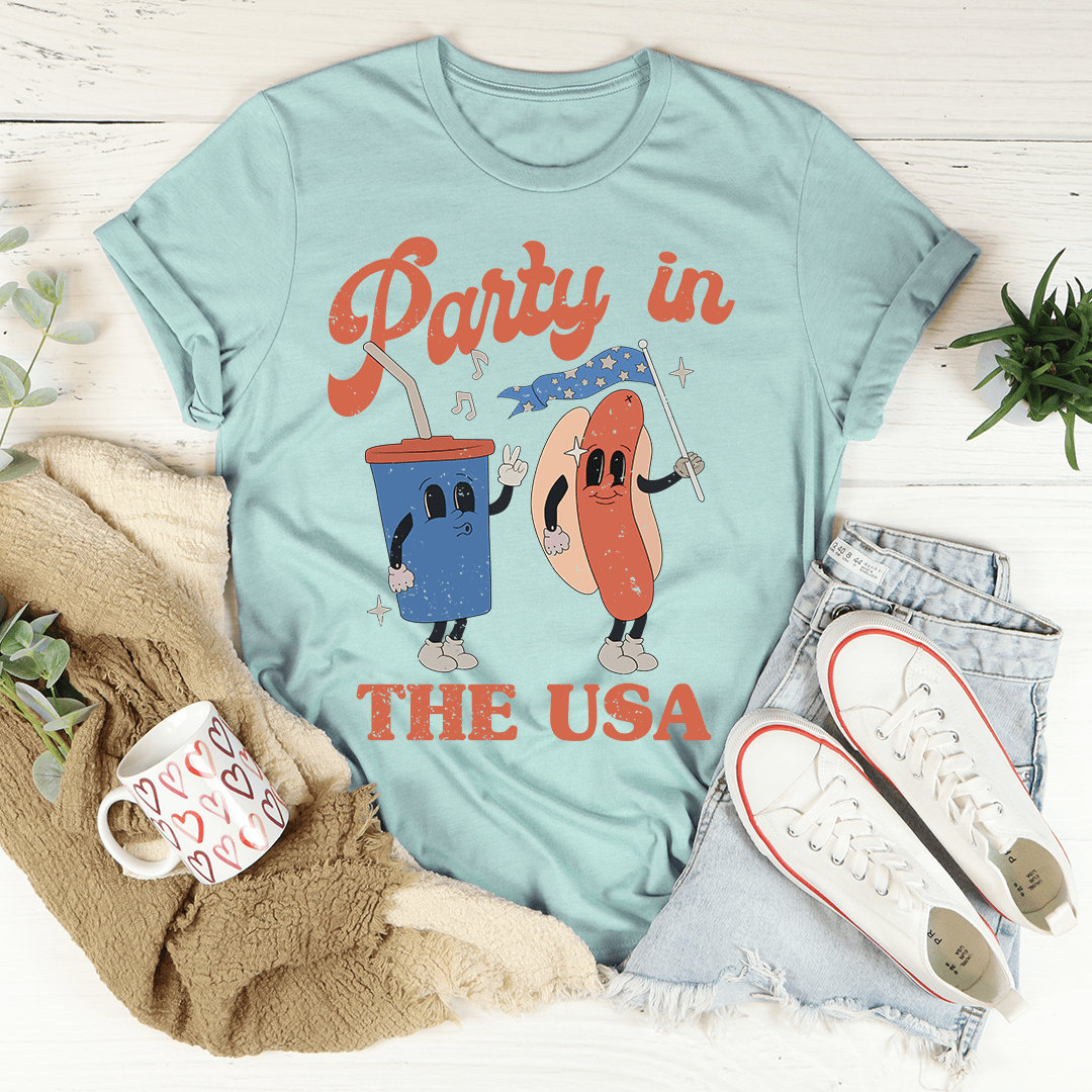 Party In The USA T-Shirt featuring soft ring-spun cotton, double stitching, and vibrant DTG print, available in various sizes.