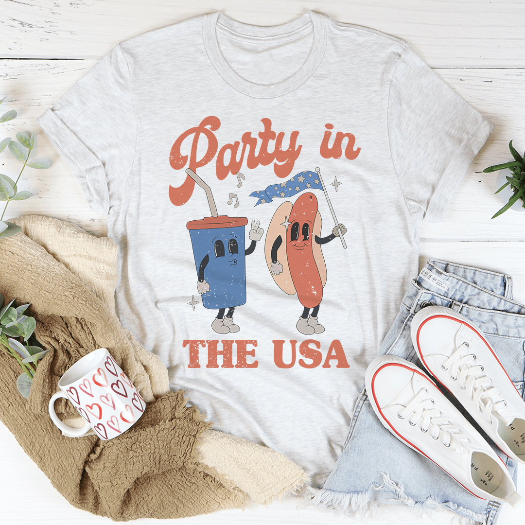 Party In The USA T-Shirt featuring soft ring-spun cotton, double stitching, and vibrant DTG print, available in various sizes.