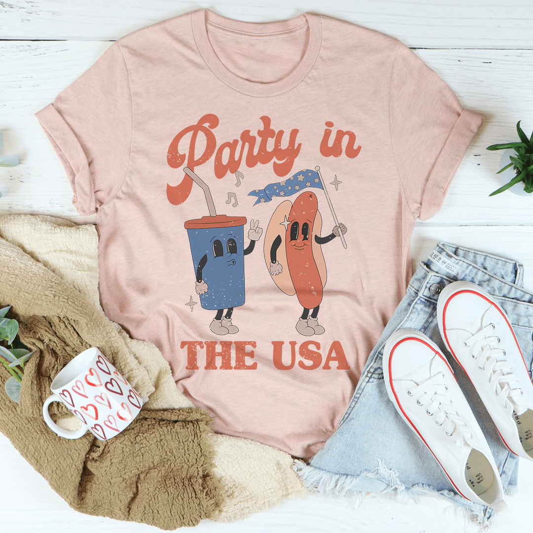 Party In The USA T-Shirt featuring soft ring-spun cotton, double stitching, and vibrant DTG print, available in various sizes.