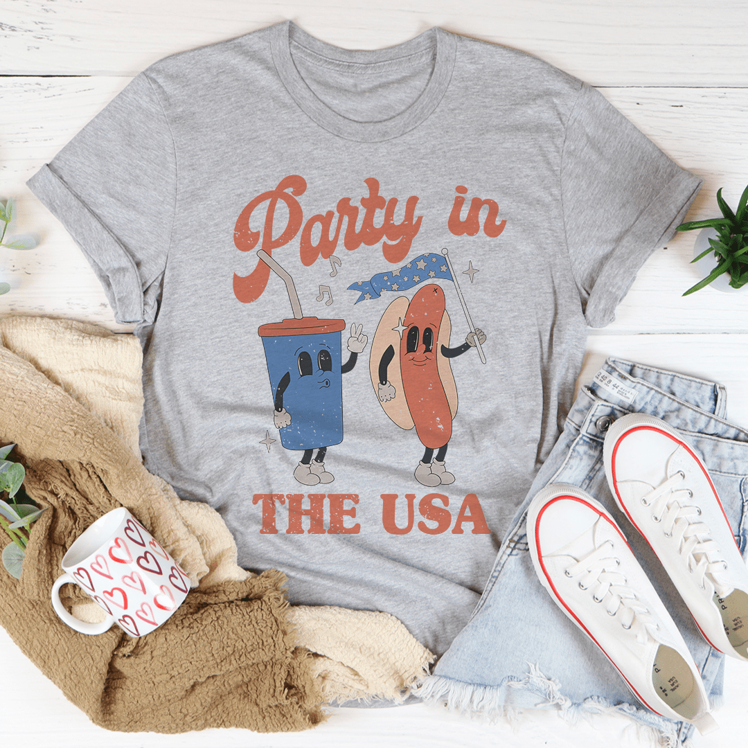 Party In The USA T-Shirt featuring soft ring-spun cotton, double stitching, and vibrant DTG print, available in various sizes.