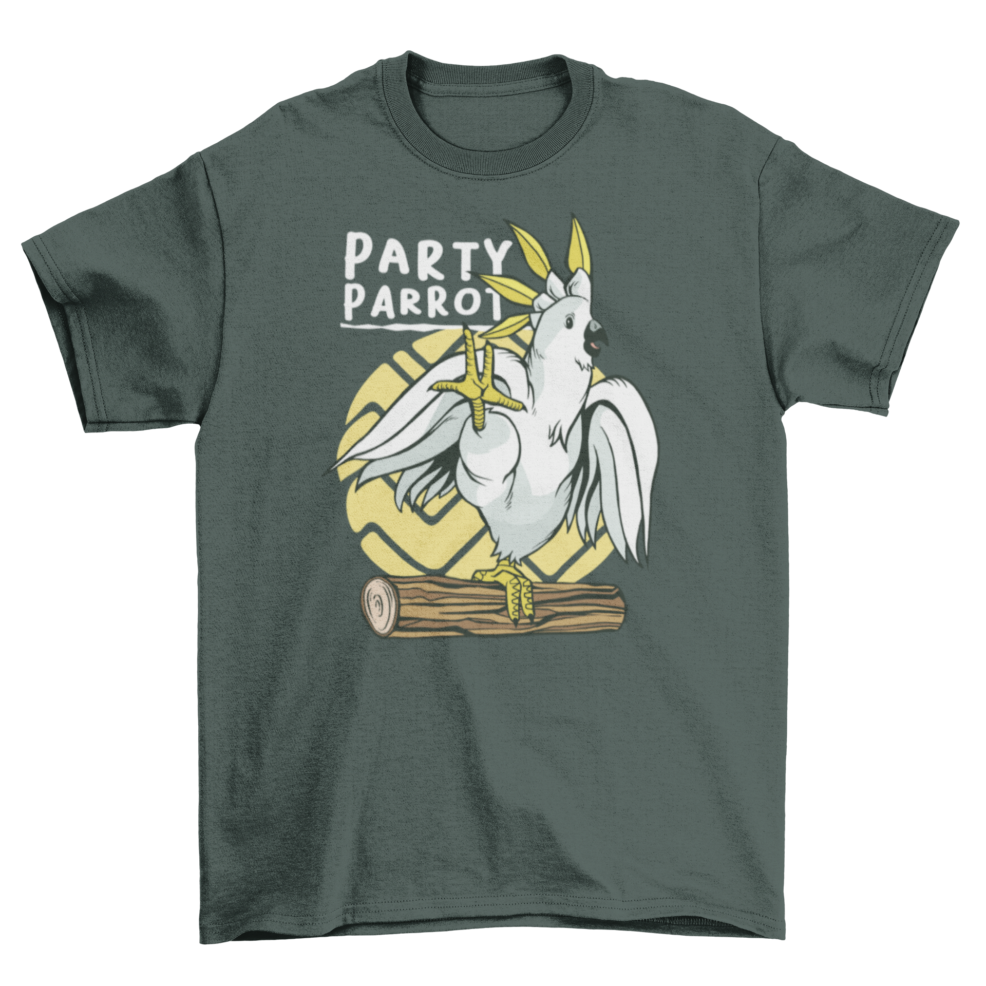 Colorful Party Parrot Bird T-Shirt featuring a parrot on wood with a fun quote.