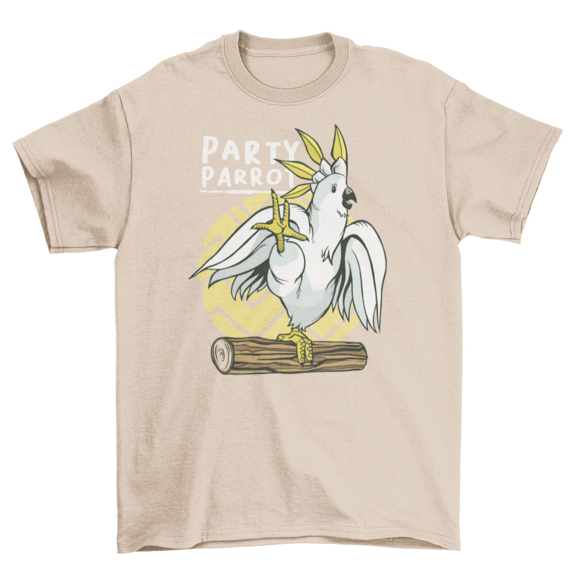 Colorful Party Parrot Bird T-Shirt featuring a parrot on wood with a fun quote.