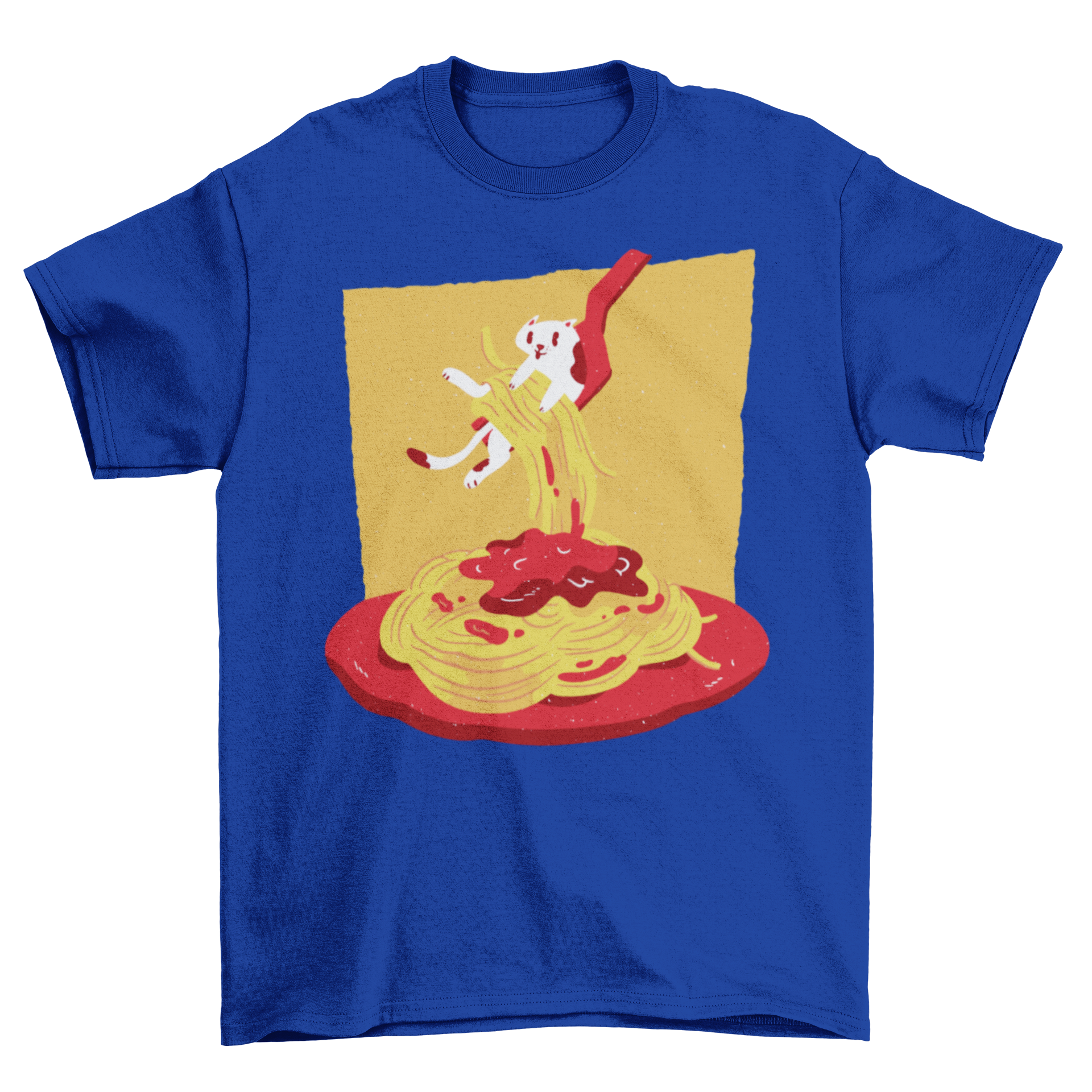 Pasta Cat T-shirt featuring a playful cat and spaghetti design with a fork lifting the cat.