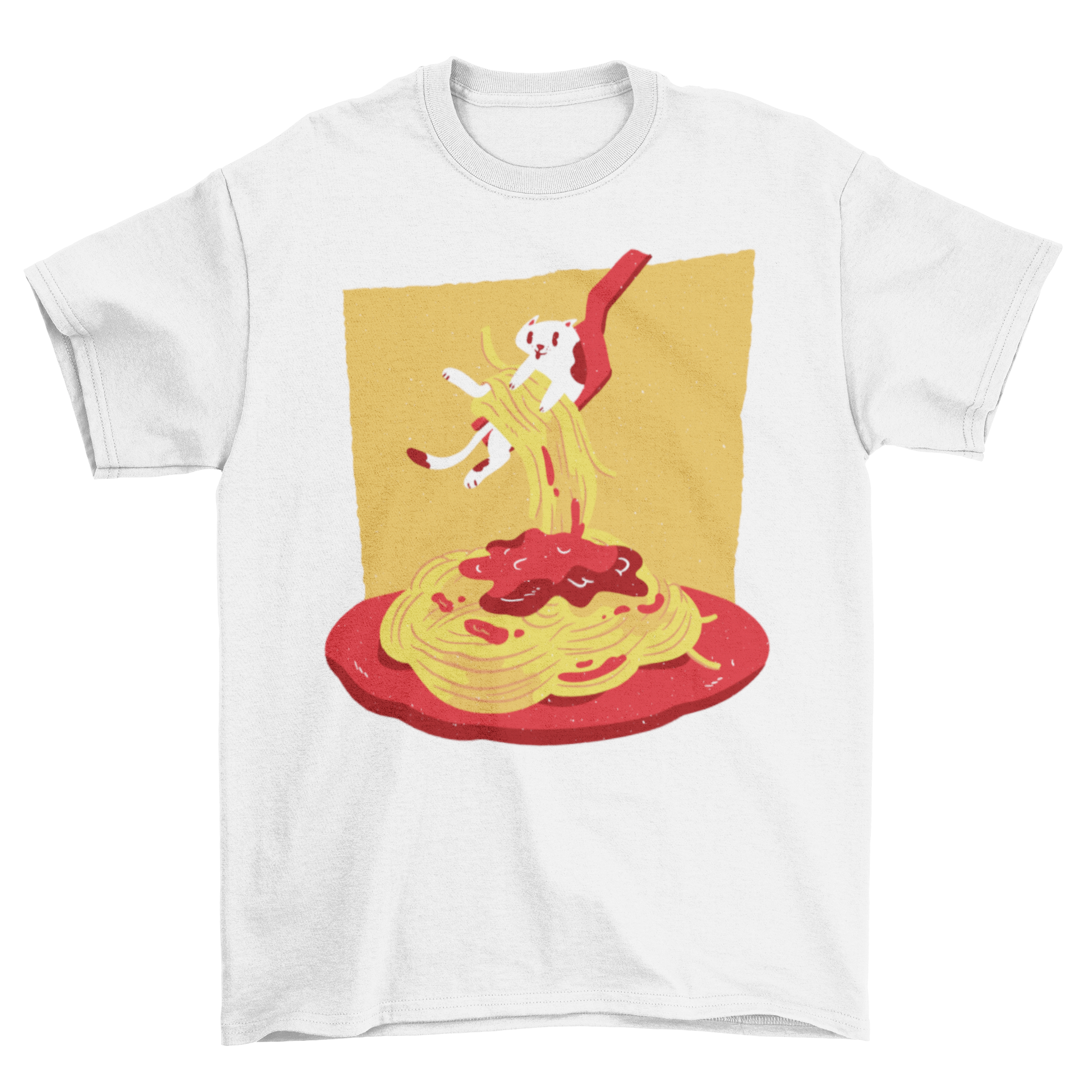 Pasta Cat T-shirt featuring a playful cat and spaghetti design with a fork lifting the cat.