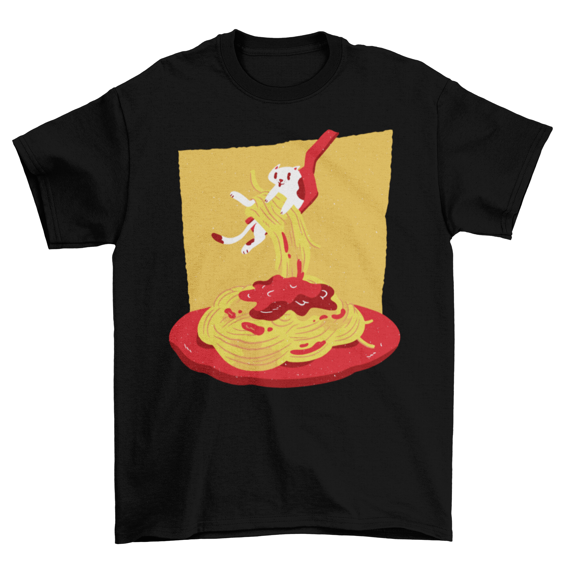 Pasta Cat T-shirt featuring a playful cat and spaghetti design with a fork lifting the cat.