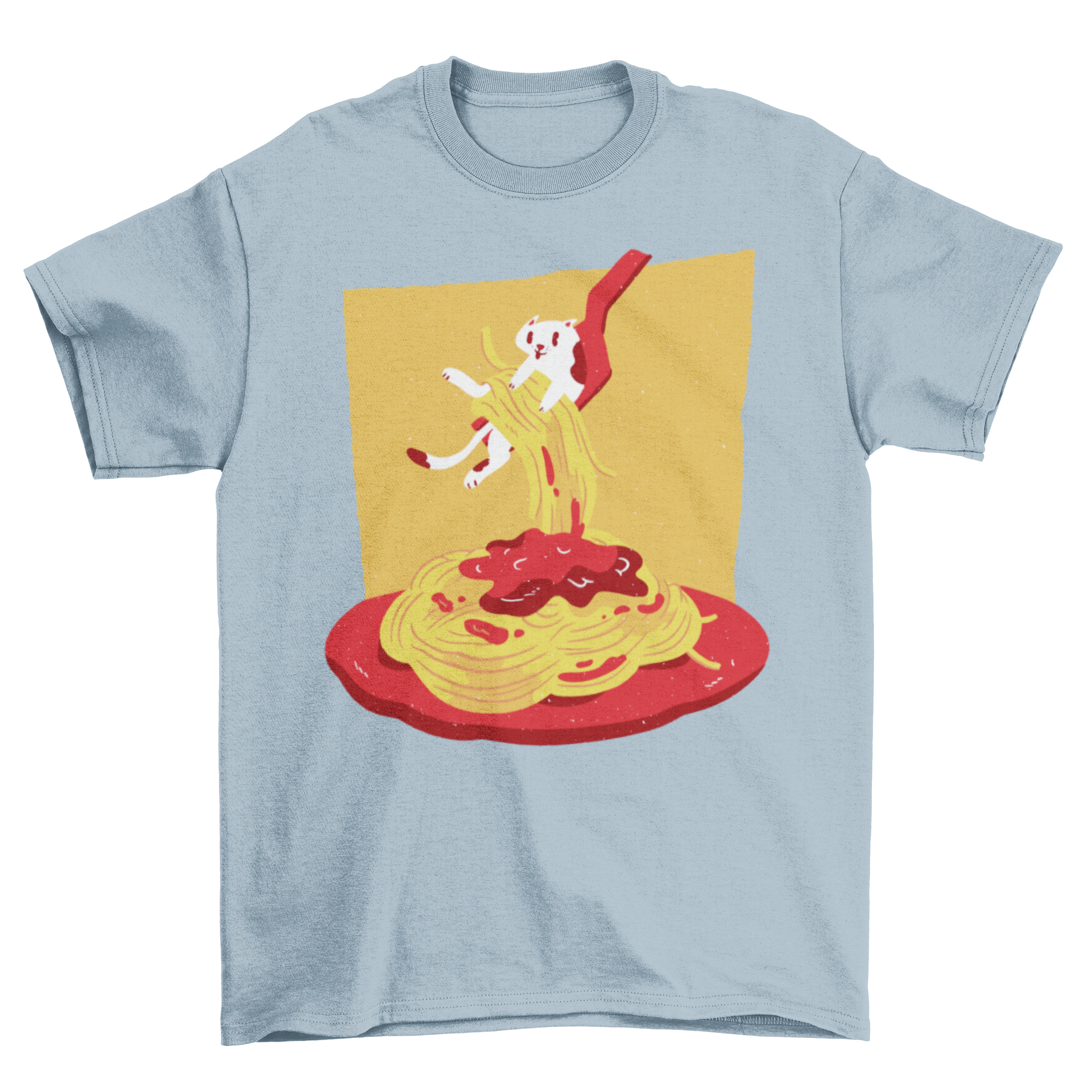 Pasta Cat T-shirt featuring a playful cat and spaghetti design with a fork lifting the cat.