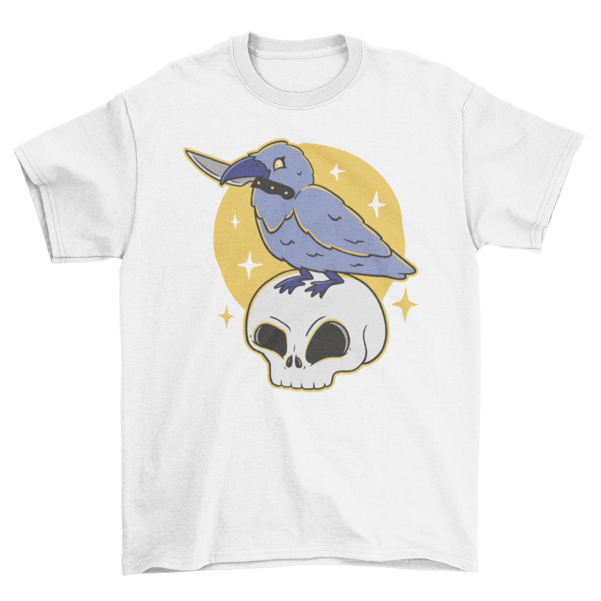 Pastel goth t-shirt featuring a crow holding a knife on a skull, showcasing a unique and edgy design.