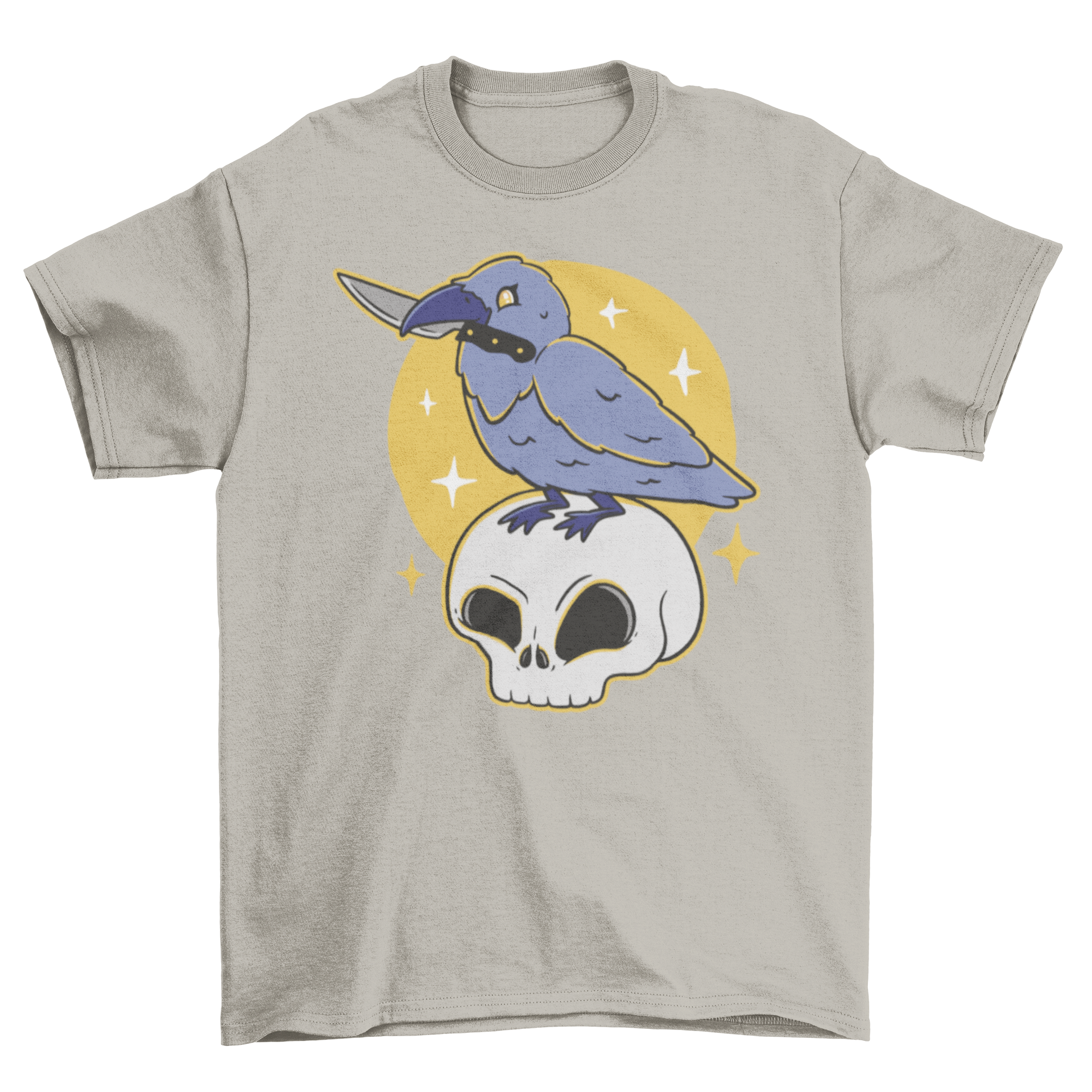 Pastel goth t-shirt featuring a crow holding a knife on a skull, showcasing a unique and edgy design.