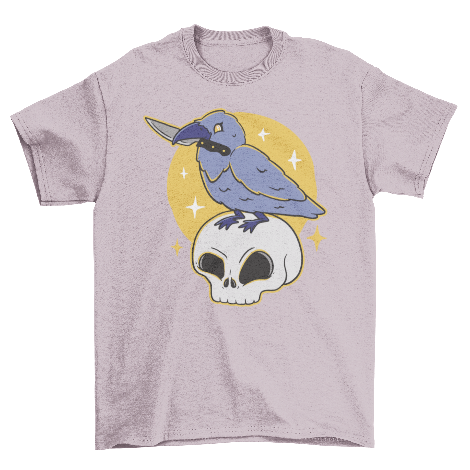 Pastel goth t-shirt featuring a crow holding a knife on a skull, showcasing a unique and edgy design.