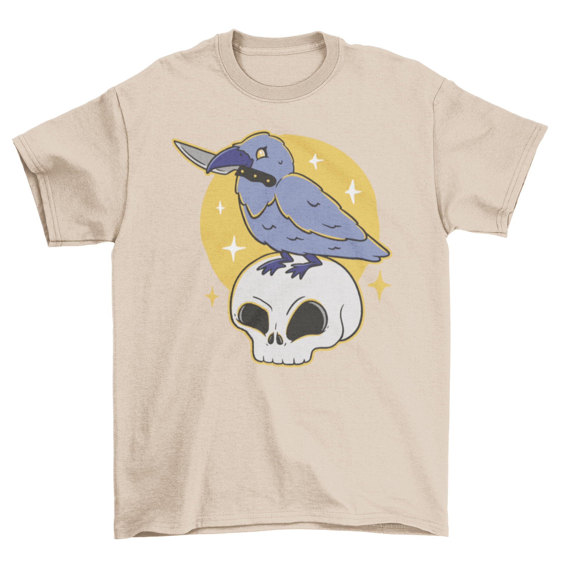 Pastel goth t-shirt featuring a crow holding a knife on a skull, showcasing a unique and edgy design.