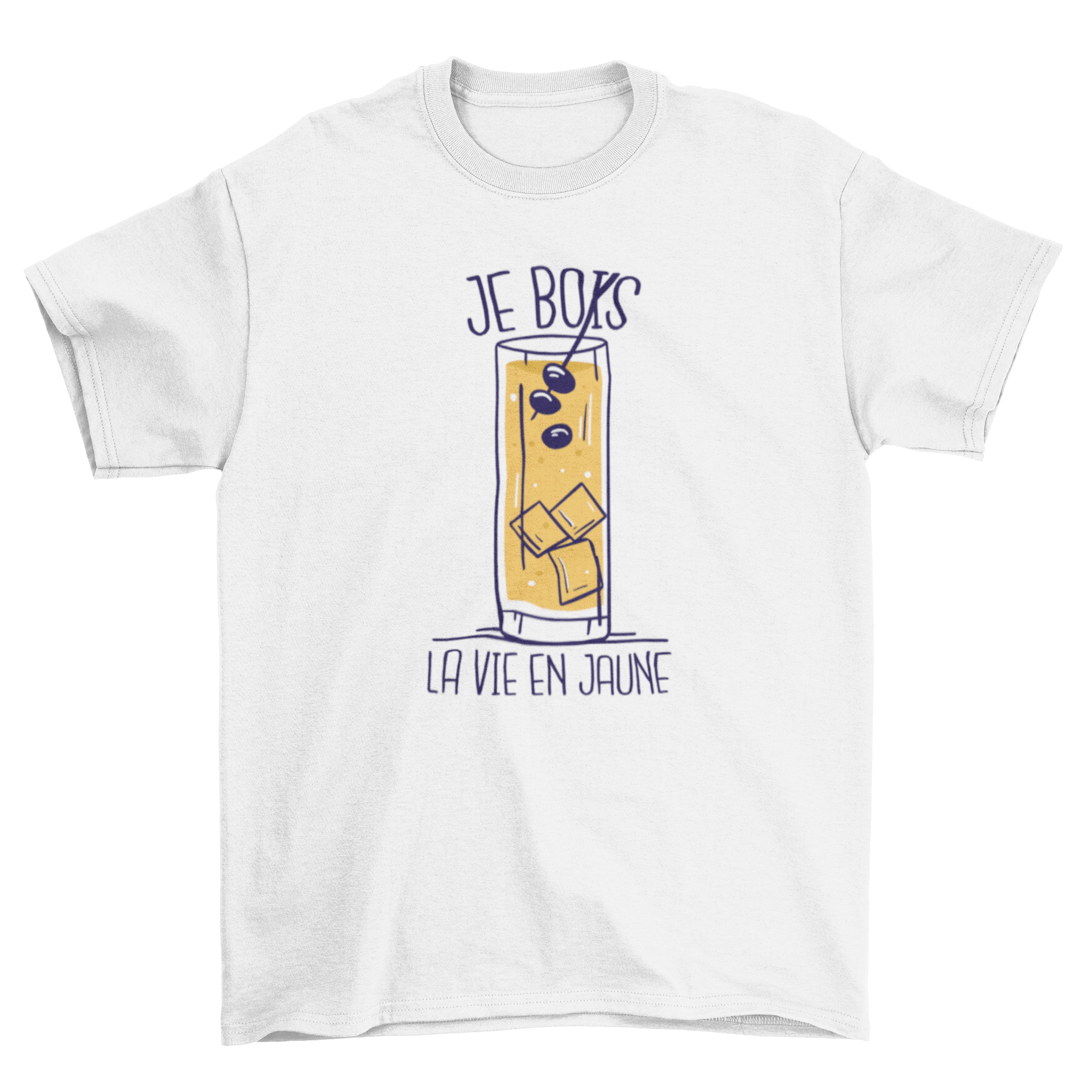 Pastis French quote t-shirt featuring 'Je bois la vie en jaune' in vibrant colors on a soft cotton fabric.