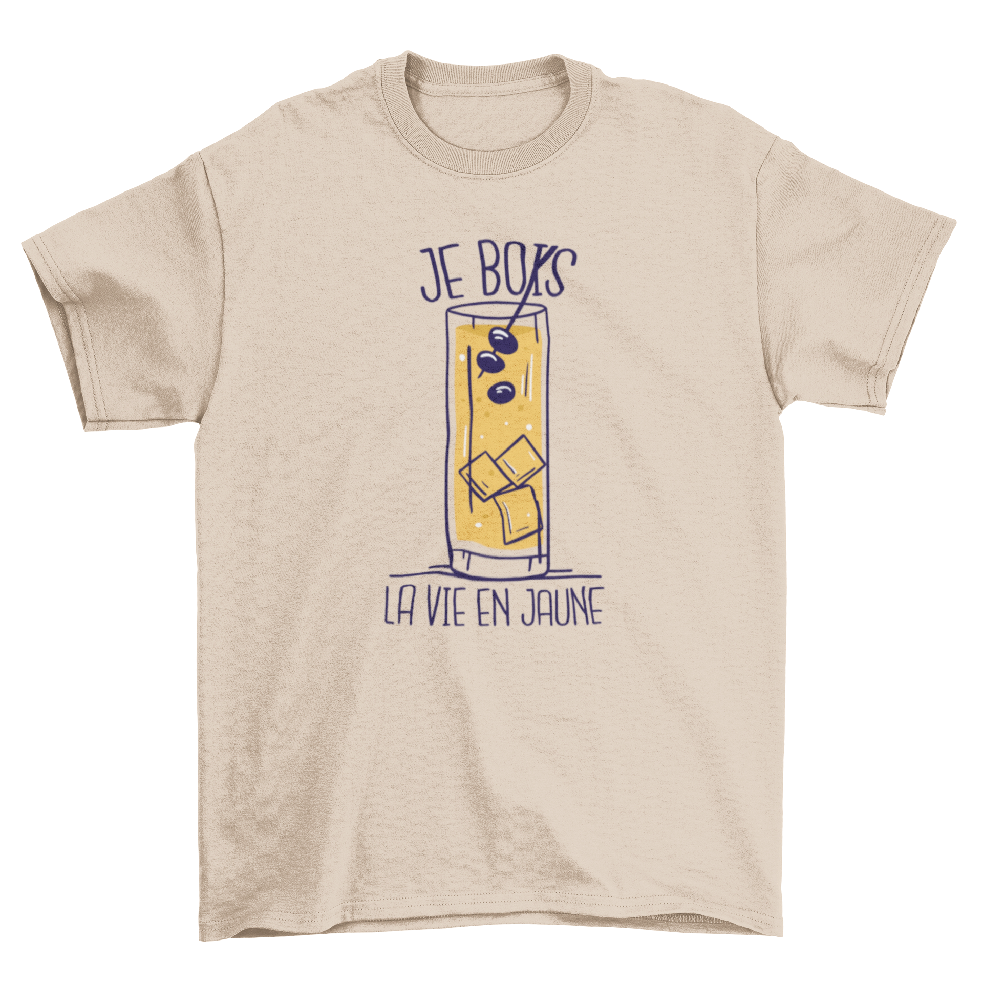 Pastis French quote t-shirt featuring 'Je bois la vie en jaune' in vibrant colors on a soft cotton fabric.