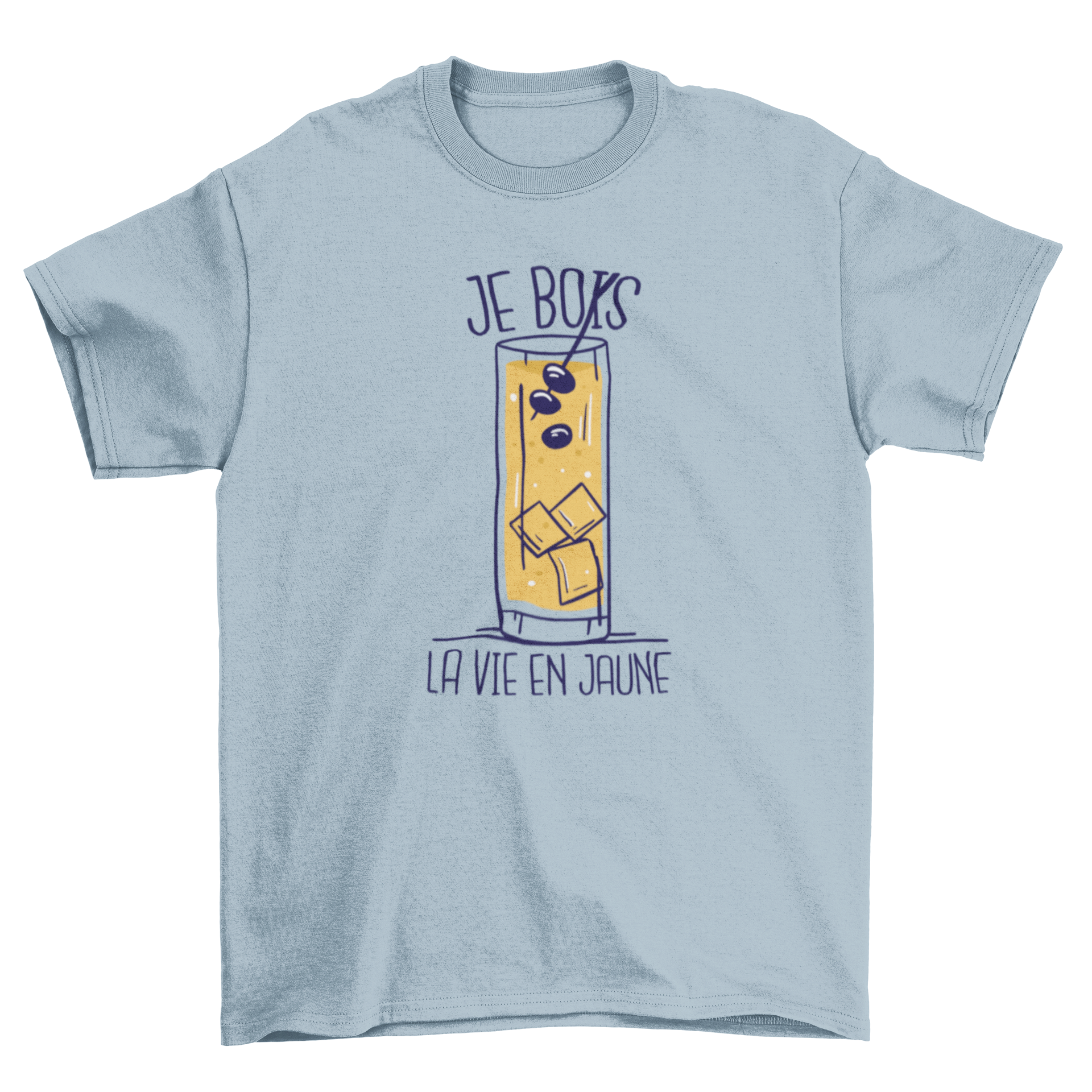 Pastis French quote t-shirt featuring 'Je bois la vie en jaune' in vibrant colors on a soft cotton fabric.