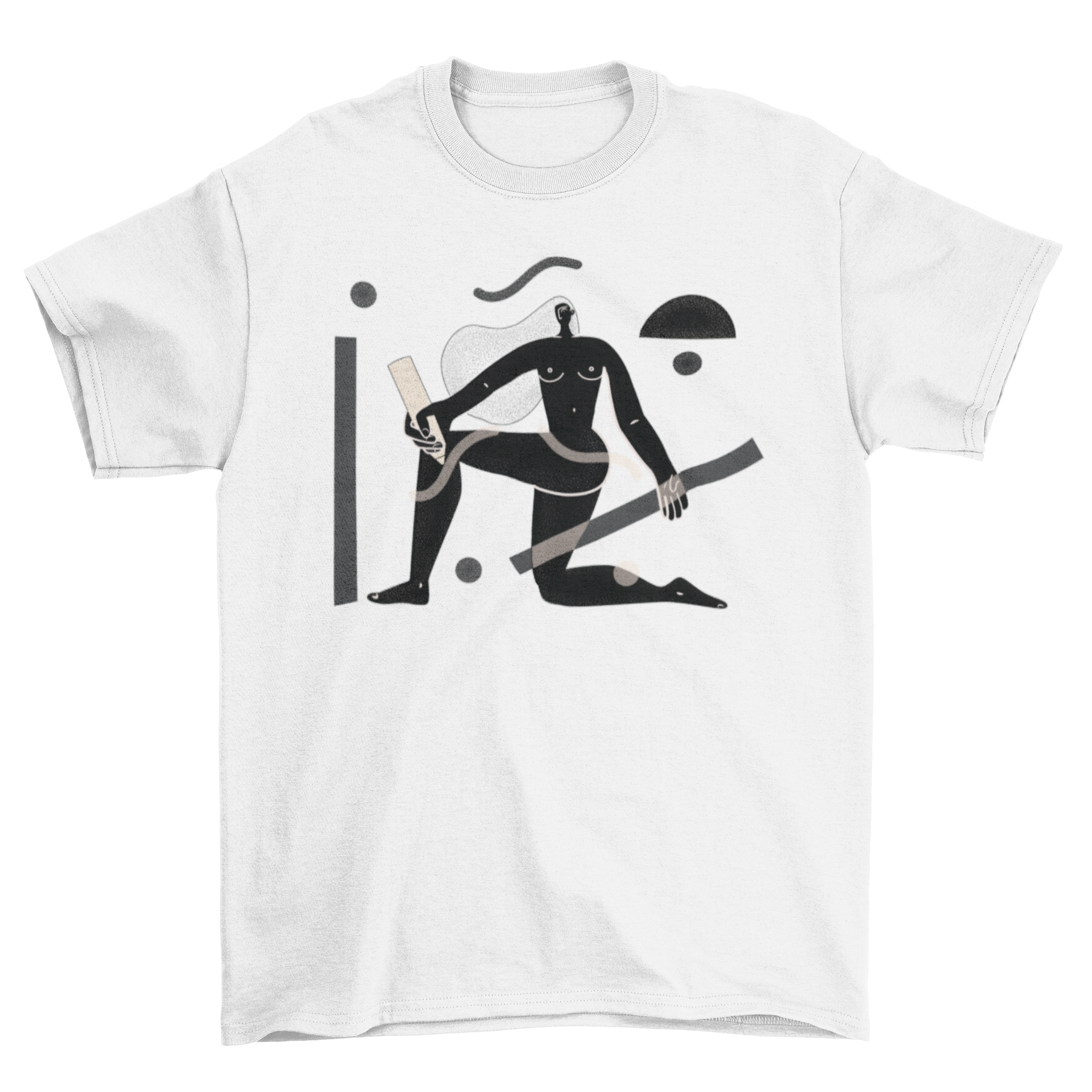 A stylish t-shirt featuring a woman drawing a pattern on herself, showcasing creativity and fashion.