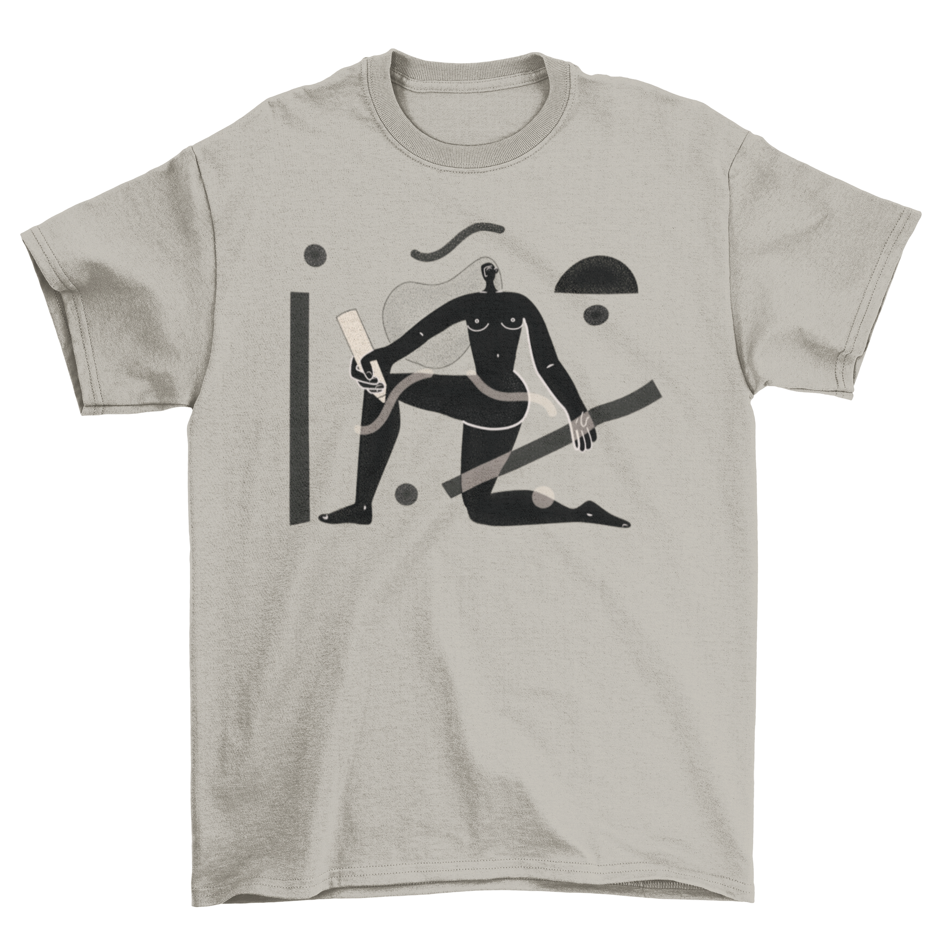 A stylish t-shirt featuring a woman drawing a pattern on herself, showcasing creativity and fashion.