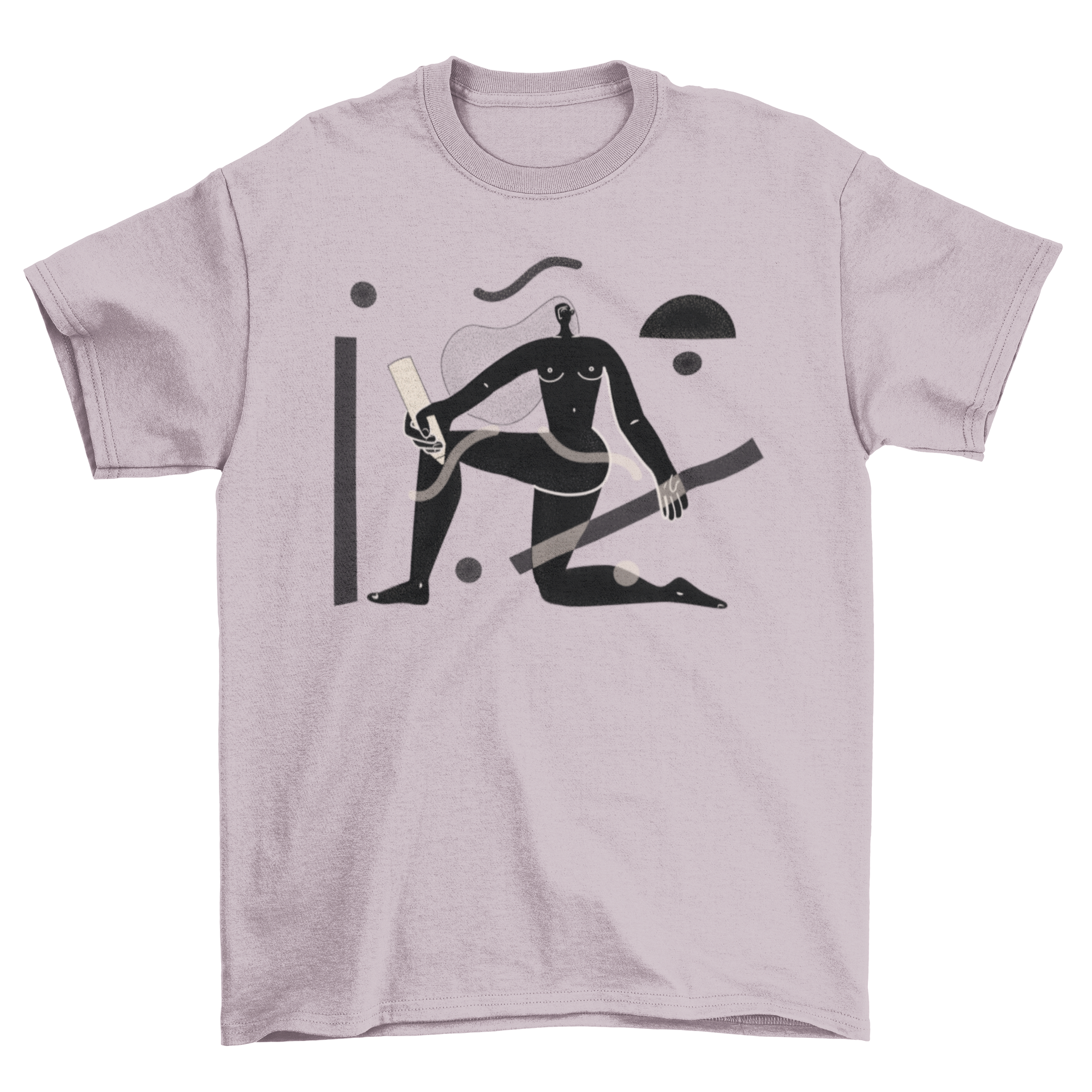 A stylish t-shirt featuring a woman drawing a pattern on herself, showcasing creativity and fashion.