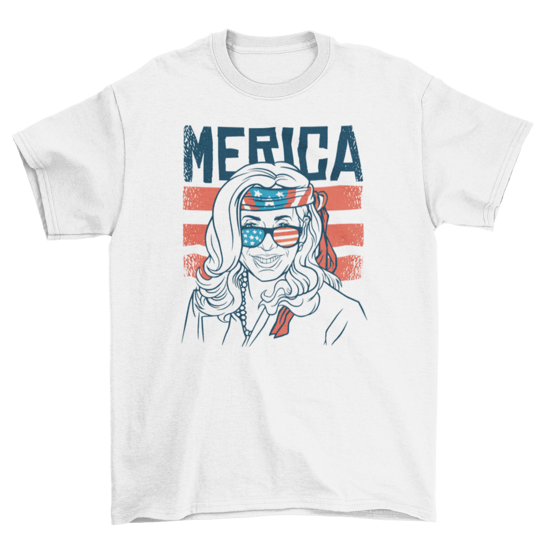 Patriotic Kamala Harris t-shirt featuring a hand-drawn design with patriotic accessories.