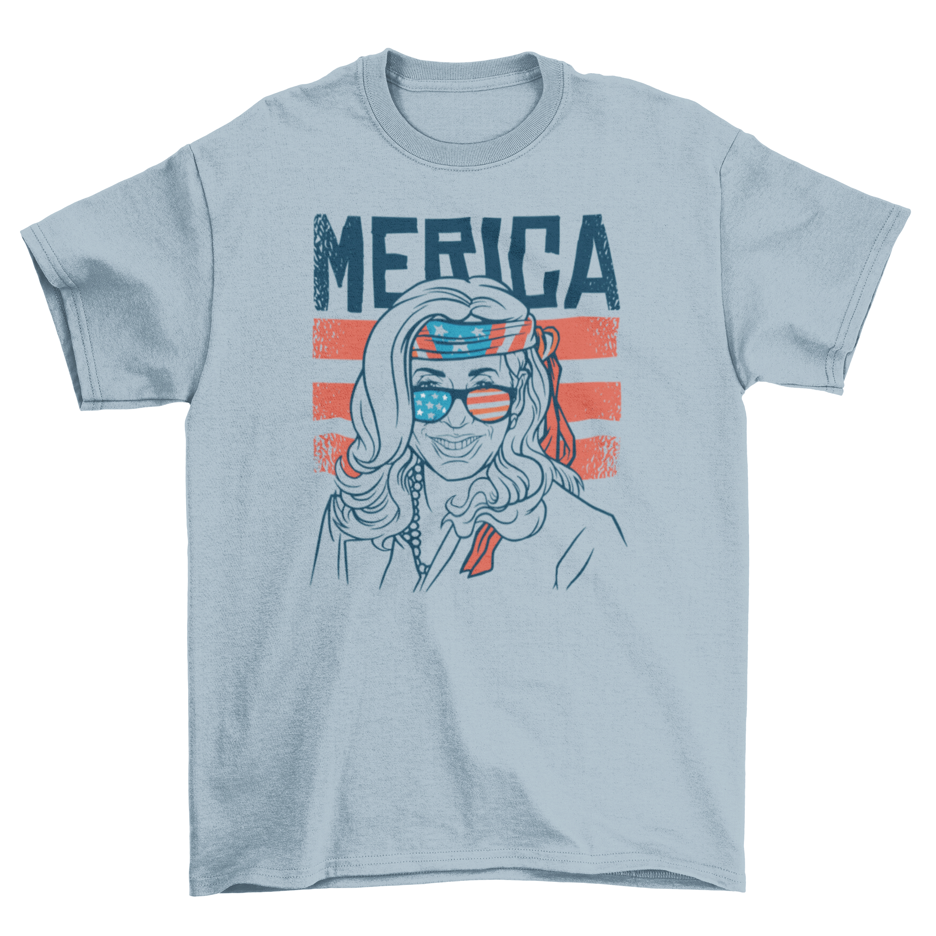 Patriotic Kamala Harris t-shirt featuring a hand-drawn design with patriotic accessories.