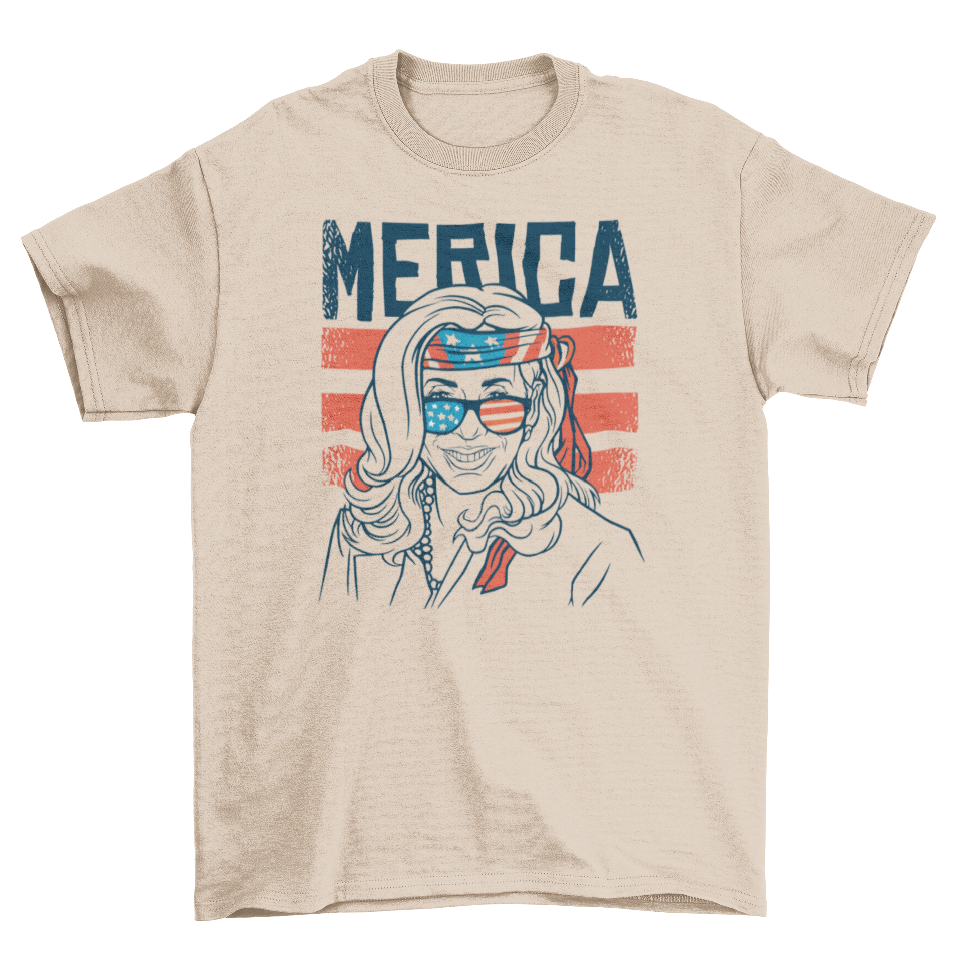 Patriotic Kamala Harris t-shirt featuring a hand-drawn design with patriotic accessories.