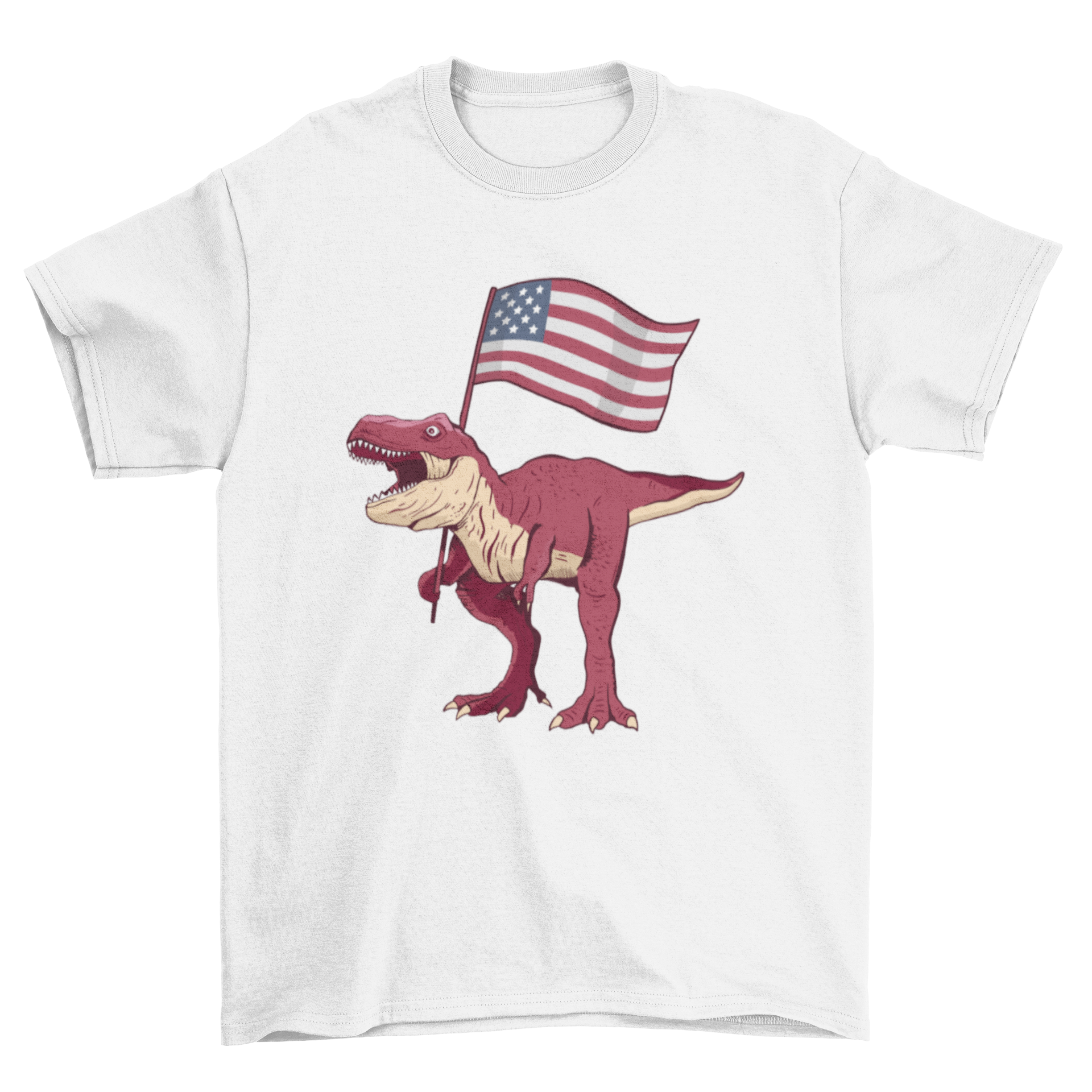 Patriotic T-rex T-shirt featuring a T-rex holding a USA flag in vibrant colors.