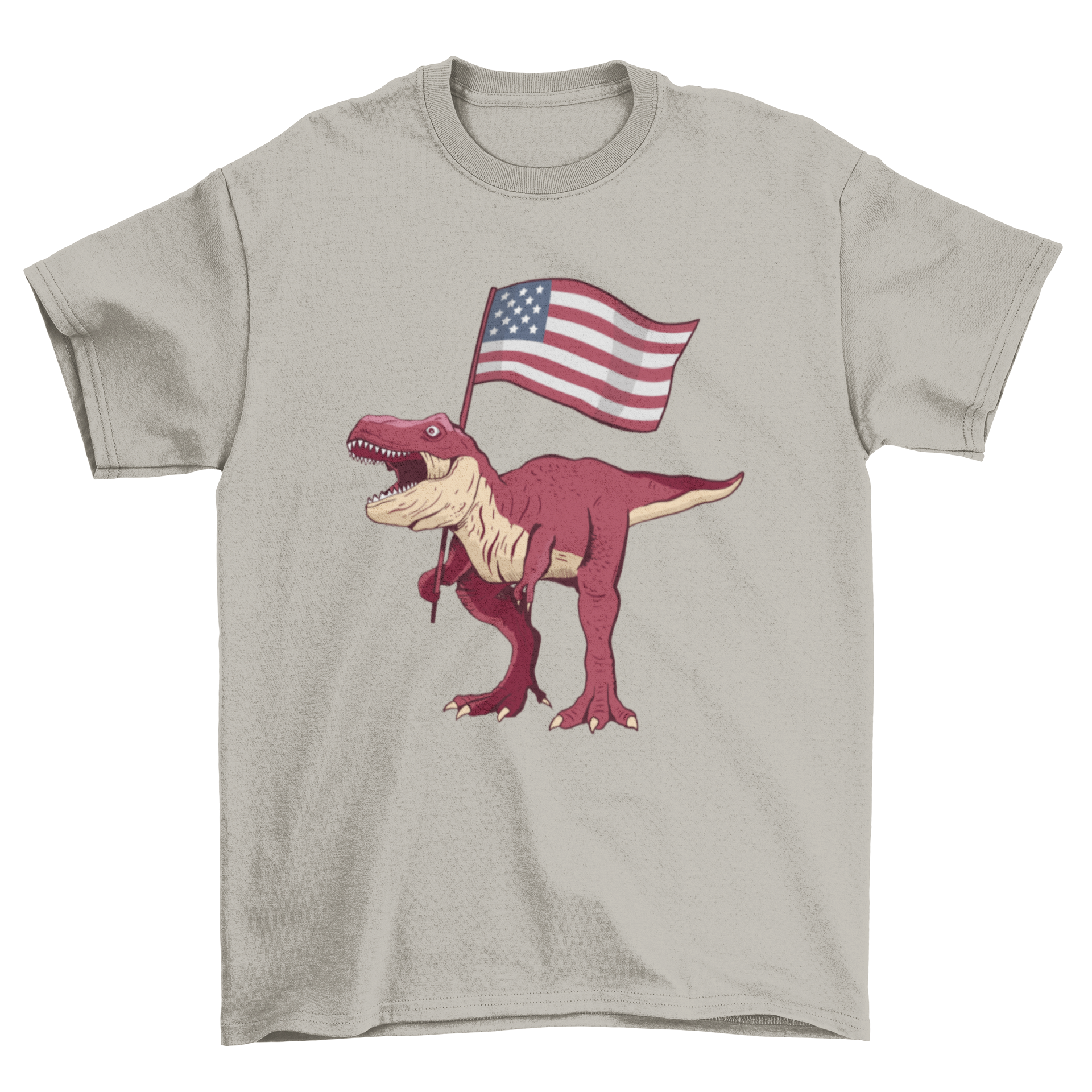 Patriotic T-rex T-shirt featuring a T-rex holding a USA flag in vibrant colors.