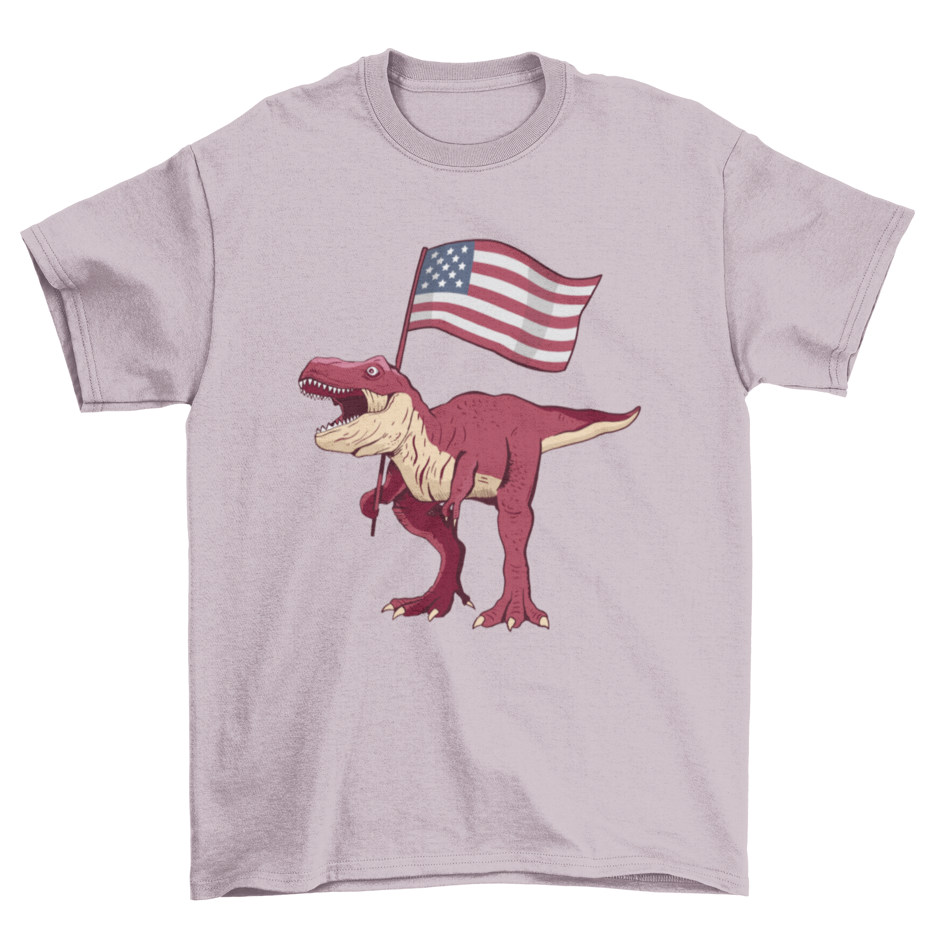 Patriotic T-rex T-shirt featuring a T-rex holding a USA flag in vibrant colors.