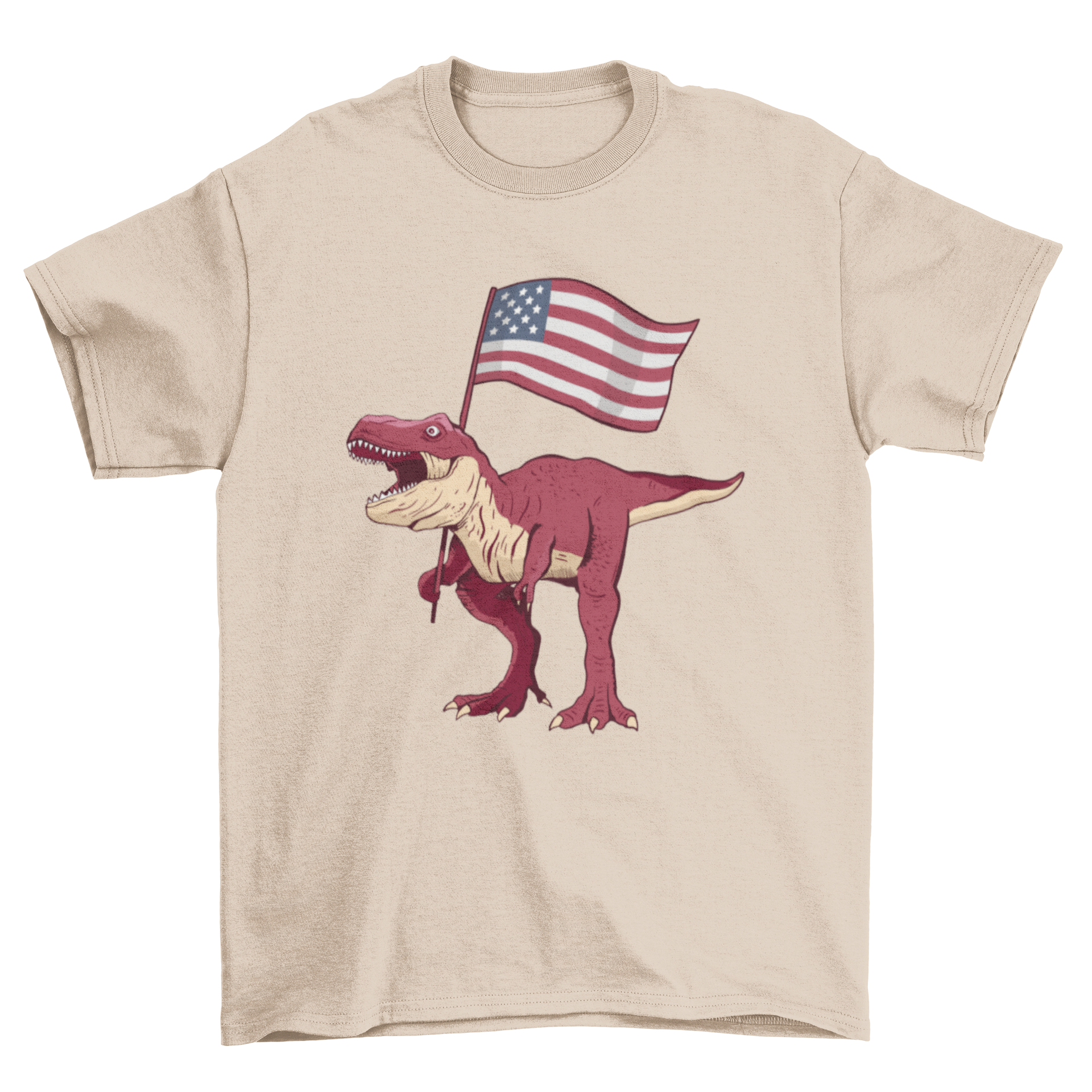 Patriotic T-rex T-shirt featuring a T-rex holding a USA flag in vibrant colors.